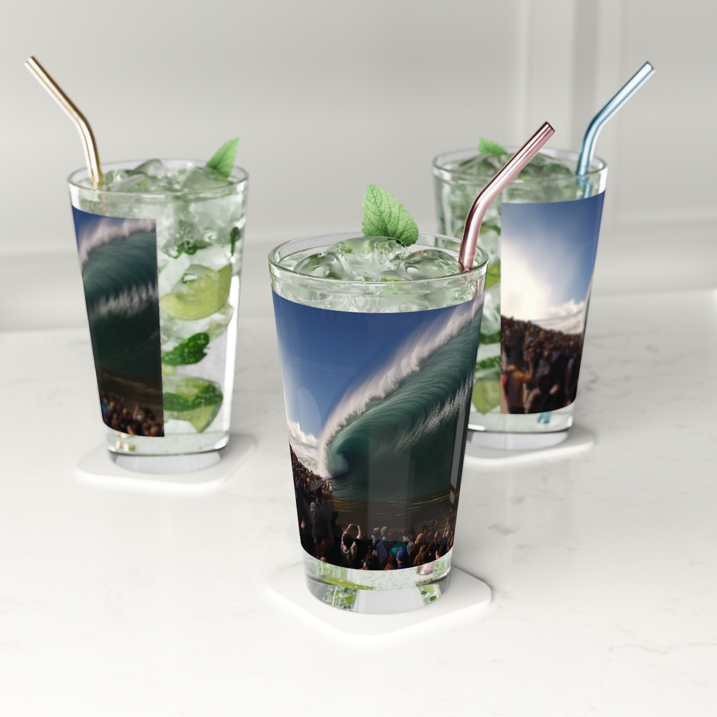 Feel the thrill of the Giant Shore Break Perfect Wave with our Pint Glass, 16oz. Your glassware, your wave adventure, exclusively at Stashbox.ai.