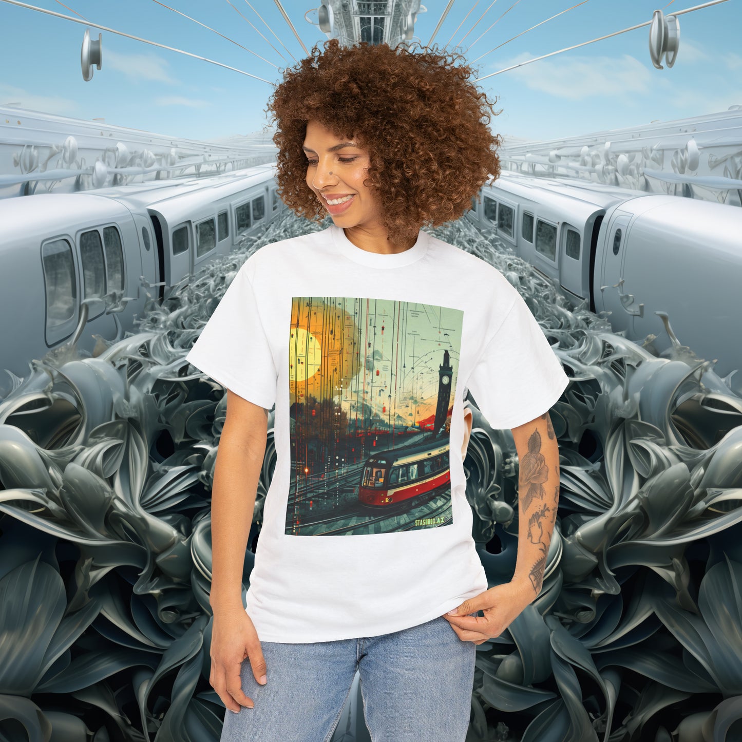 Unisex Heavy Cotton Tee Train Bauhaus Art Style Design 002