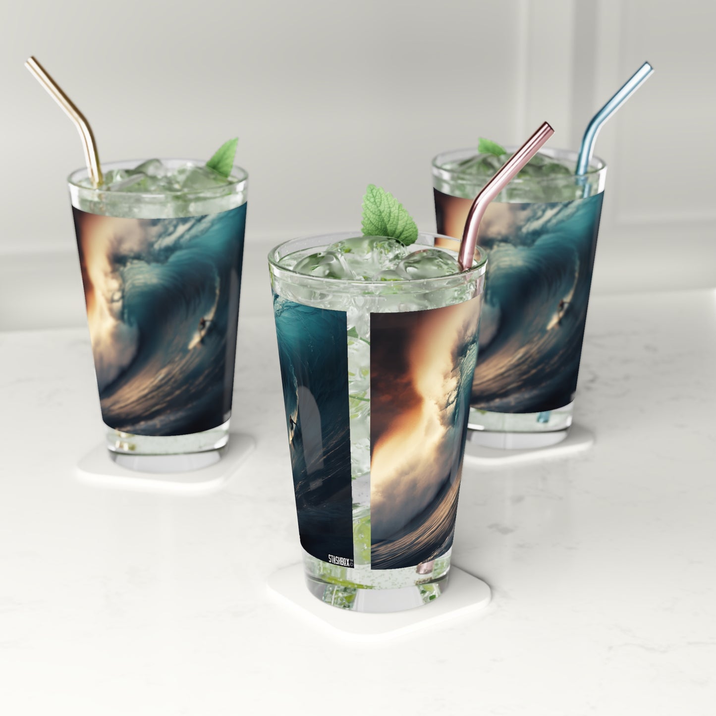 Capture the essence of surfing with our Surfing Huge Wave Pint Glass, Waves Design #038. Dive into the thrill of the waves with every sip.