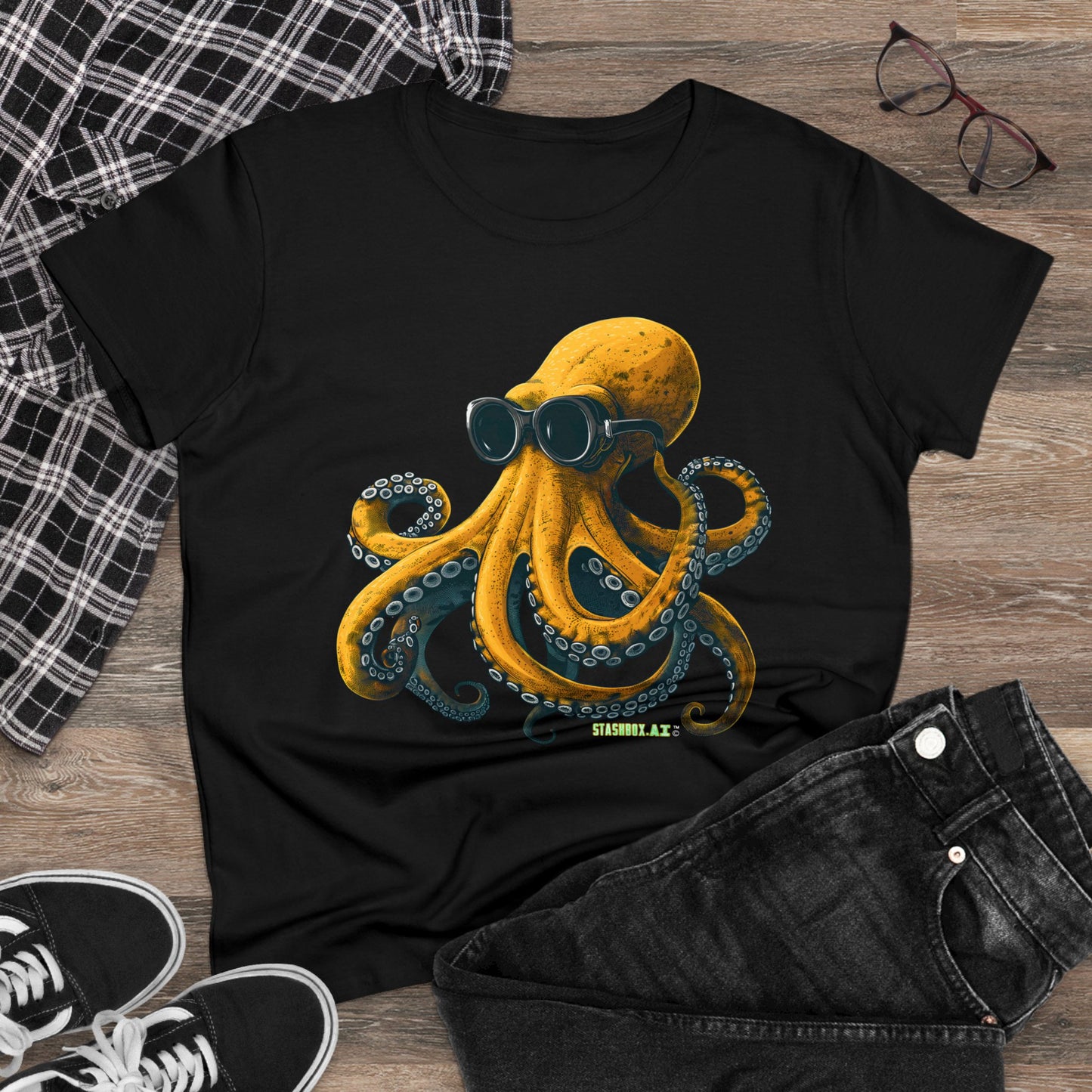 Women's Midweight Cotton Tshirt Yellow Octopus wearing goggles 001