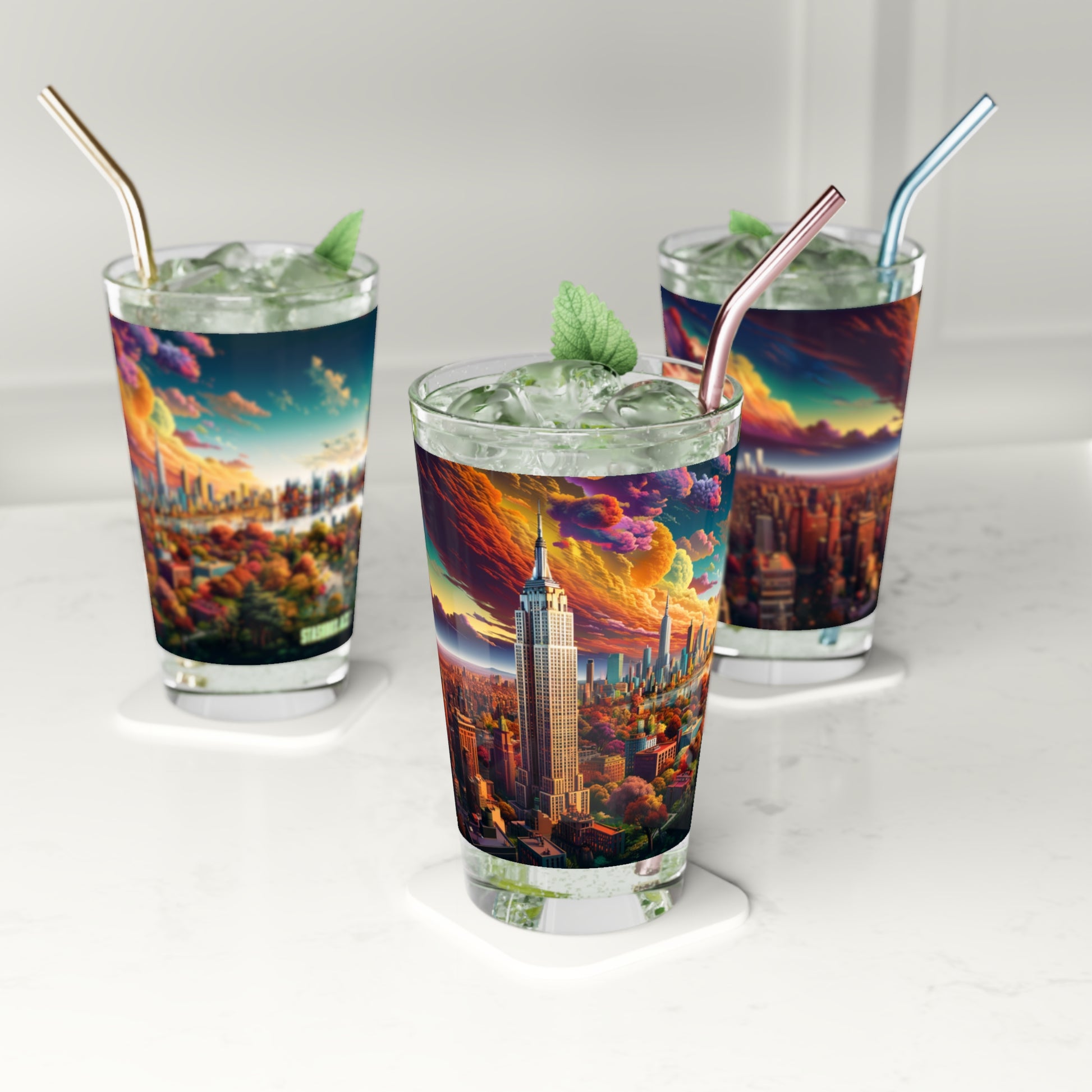 Limited Edition Urban Dreamscape Pint Glass - Stashbox New York Design - #SurrealCityscape #PsychedelicUrbanArt #CollectibleGlassware 🌌🎨