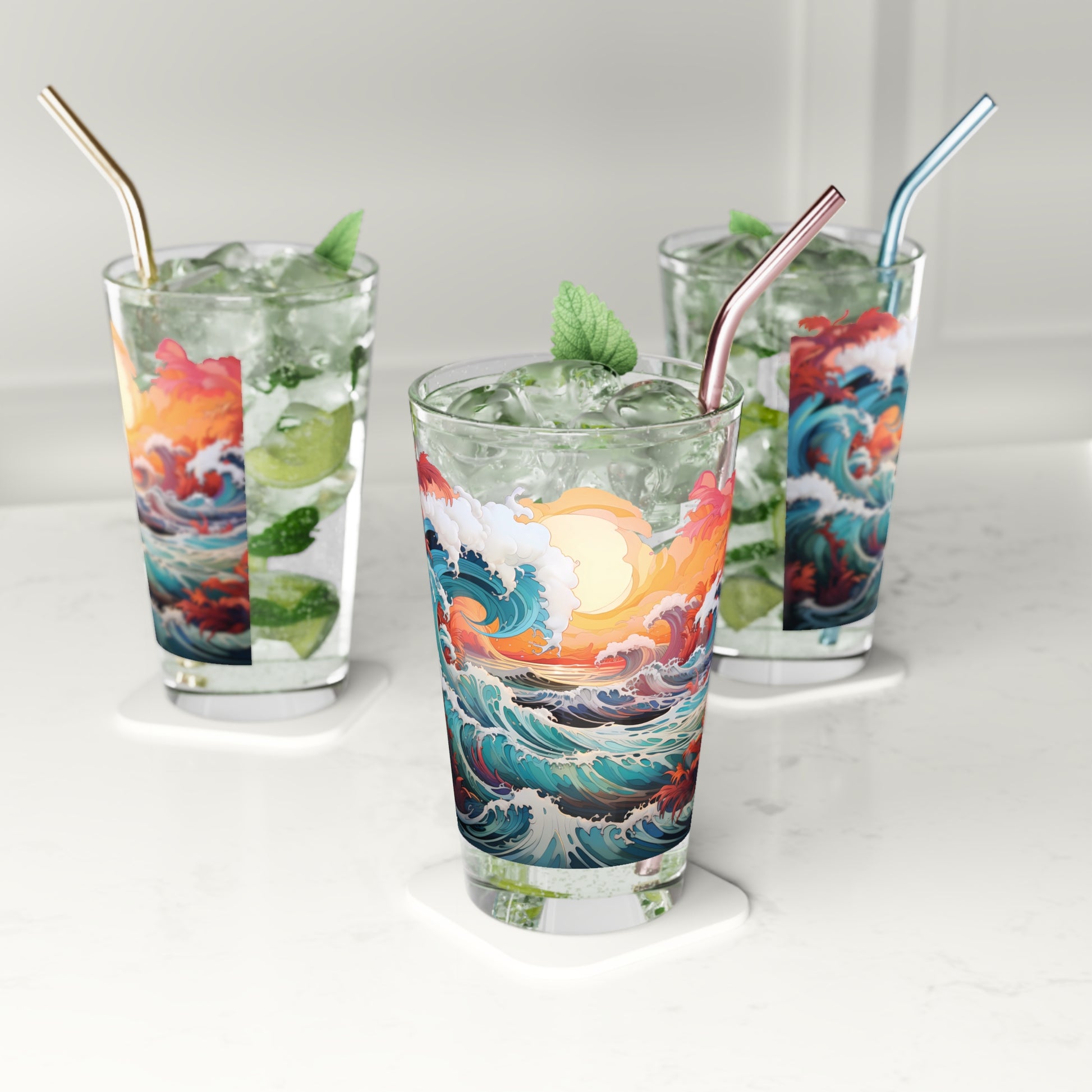 Experience the serenity of Japanese art with our Japanese Art Style Waves Pint Glass, Design #013. Your drinkware, your touch of Japan, exclusively at Stashbox.ai.