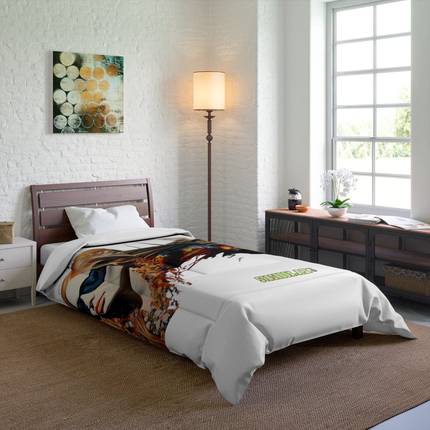 Bedding Comforter Beautiful Model w/Sunglasses Drawn with Rainbow Ink #014