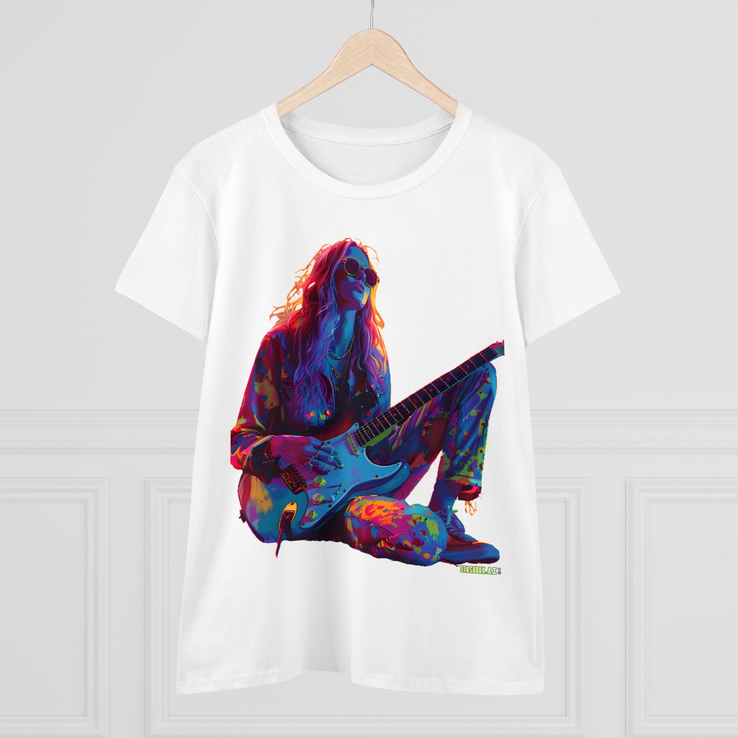 Women's Midweight Cotton Tshirt Colorful Hippy Female Guitarist in the Groove  002