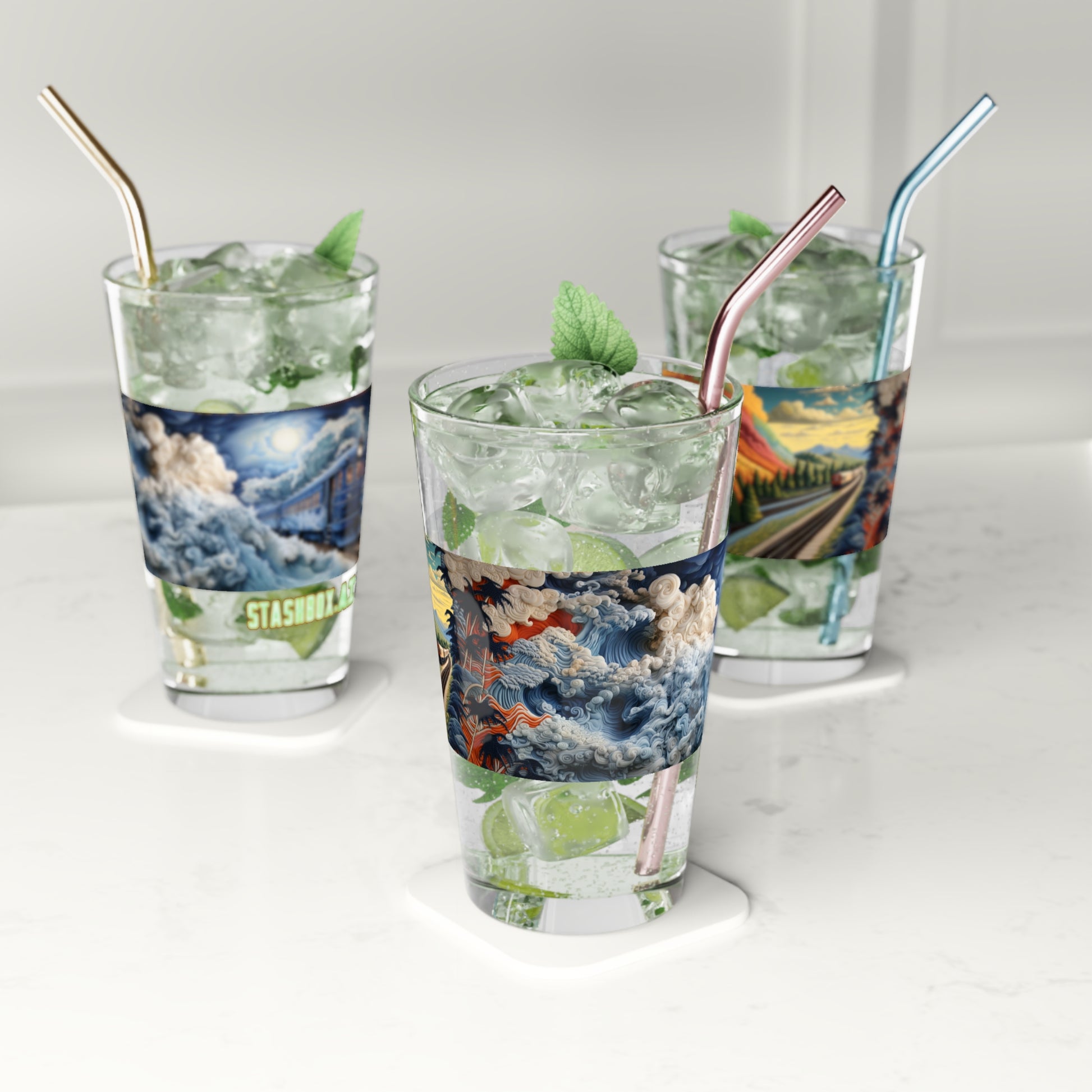 Unique Glass with Colorful Train Scene - Stashbox Exclusive Design