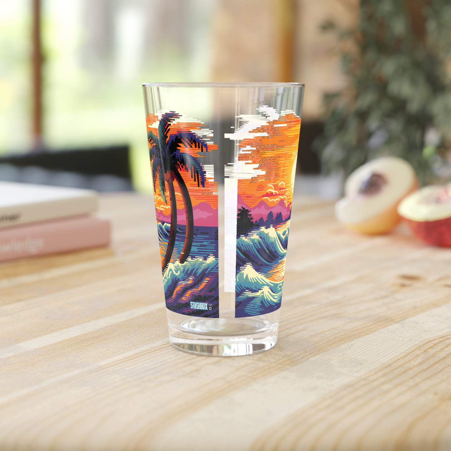 Wave Statue & Getting Barreled - 2 Designs on 1 Pint Glass, 16oz - Waves Design #049a #049b