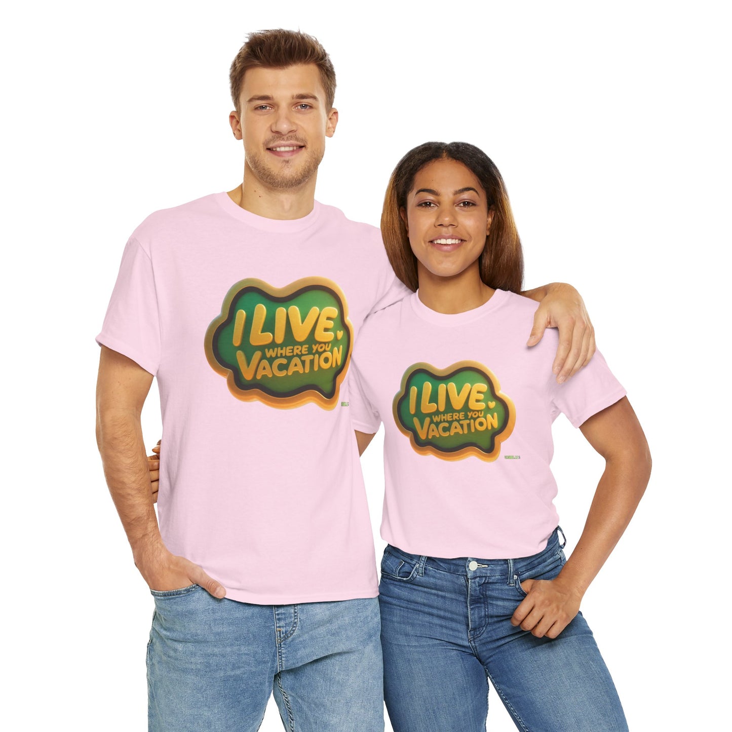 Vacation Vibes Unisex Heavy Cotton Tee - "I Live Where You Vacation" Green & Yellow