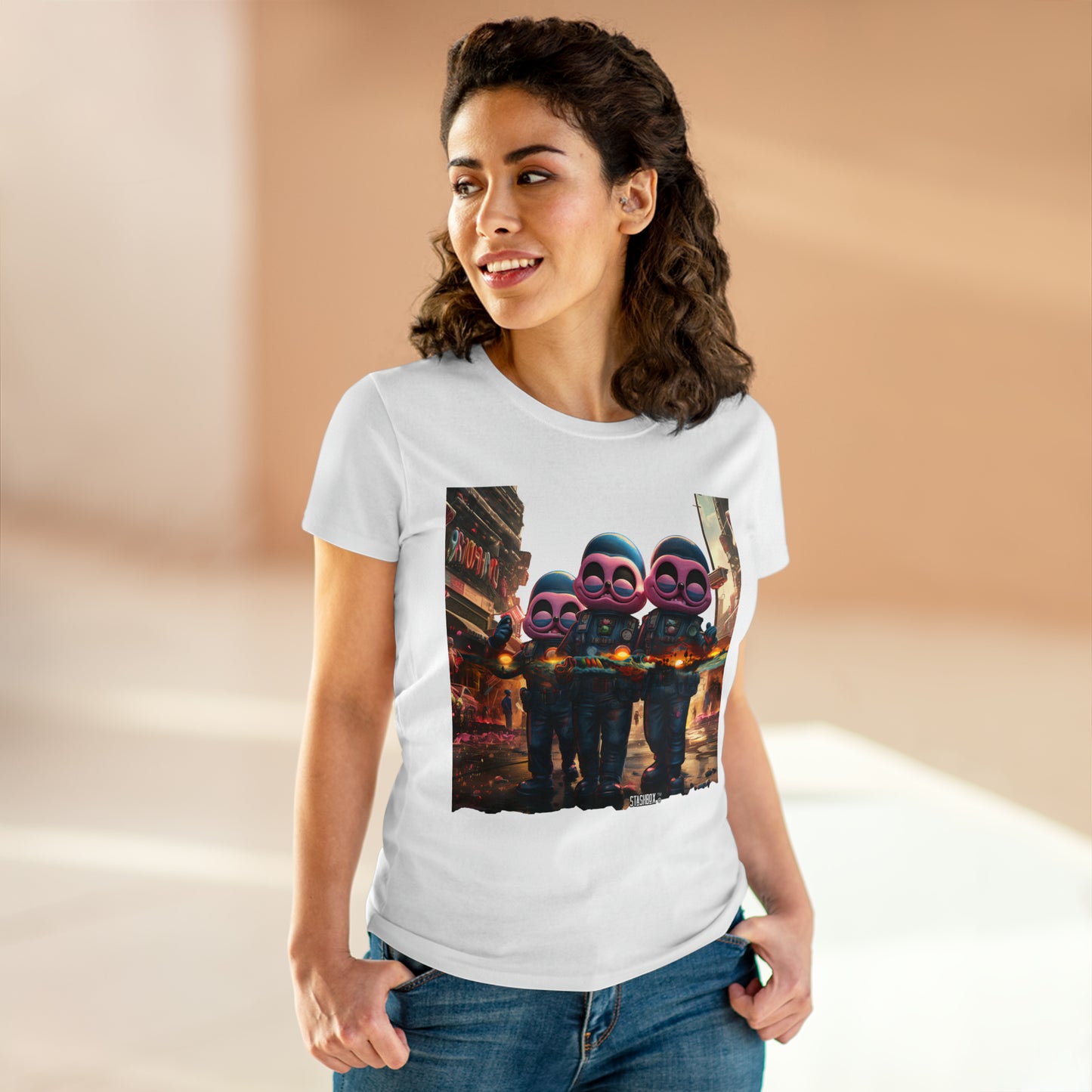 Step into a psychedelic dream with Pink City Aliens: Tropical Dreams Women's Midweight Tee. Aliens meet vibrant hues, exclusively at Stashbox.ai.