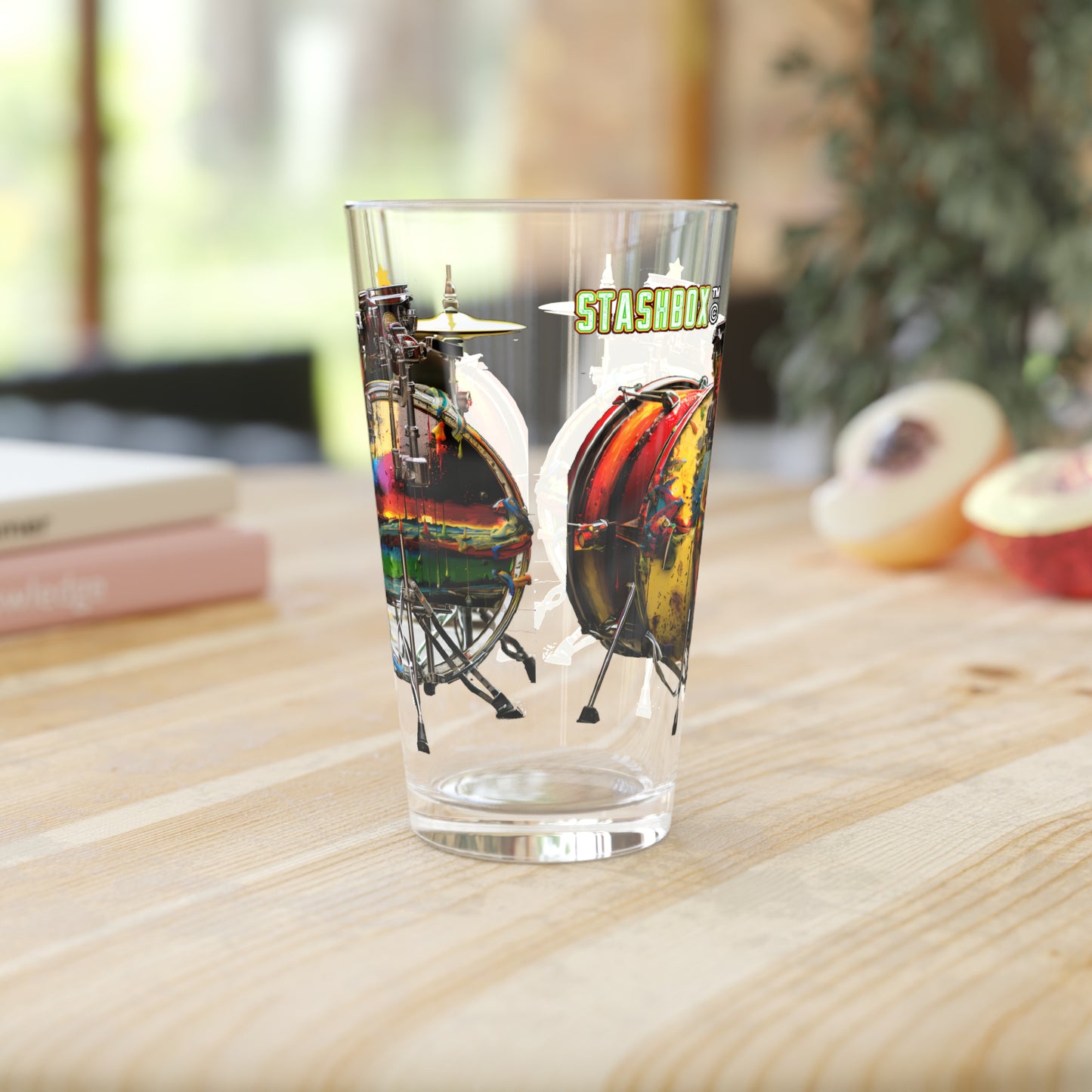 Colorful Paint Drip Art on Drum Kit - Psychedelic Art Pint Glass, 16oz - Music Design #006