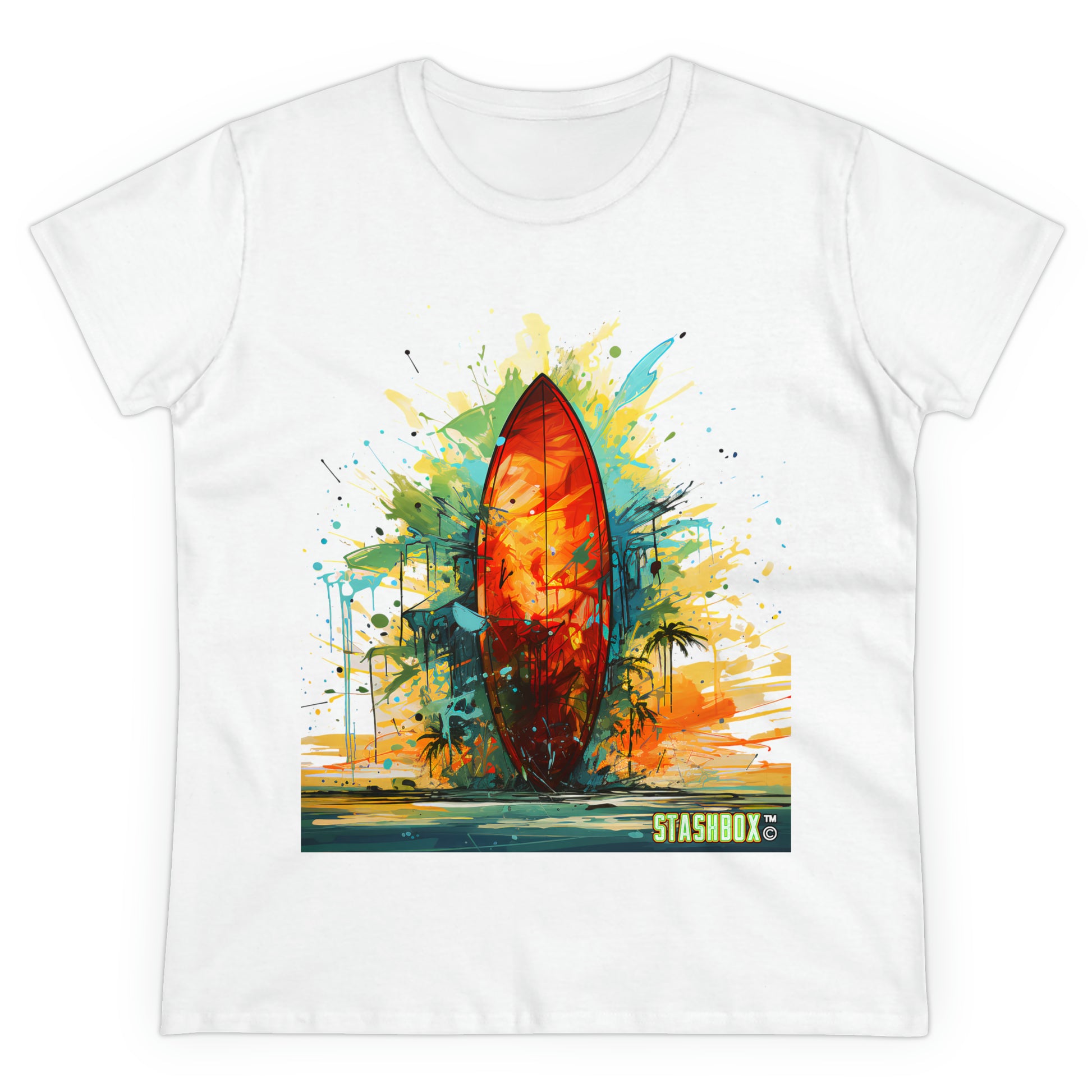 Catch the Wave of Style: Our Women's Midweight Cotton Tee with Surfboard Design #010 brings vibrant paint art to life. Experience the allure of bold colors and beach vibes. 🏄♀️🎨 #SurfboardFashion #BeachChic #StashboxDesigns