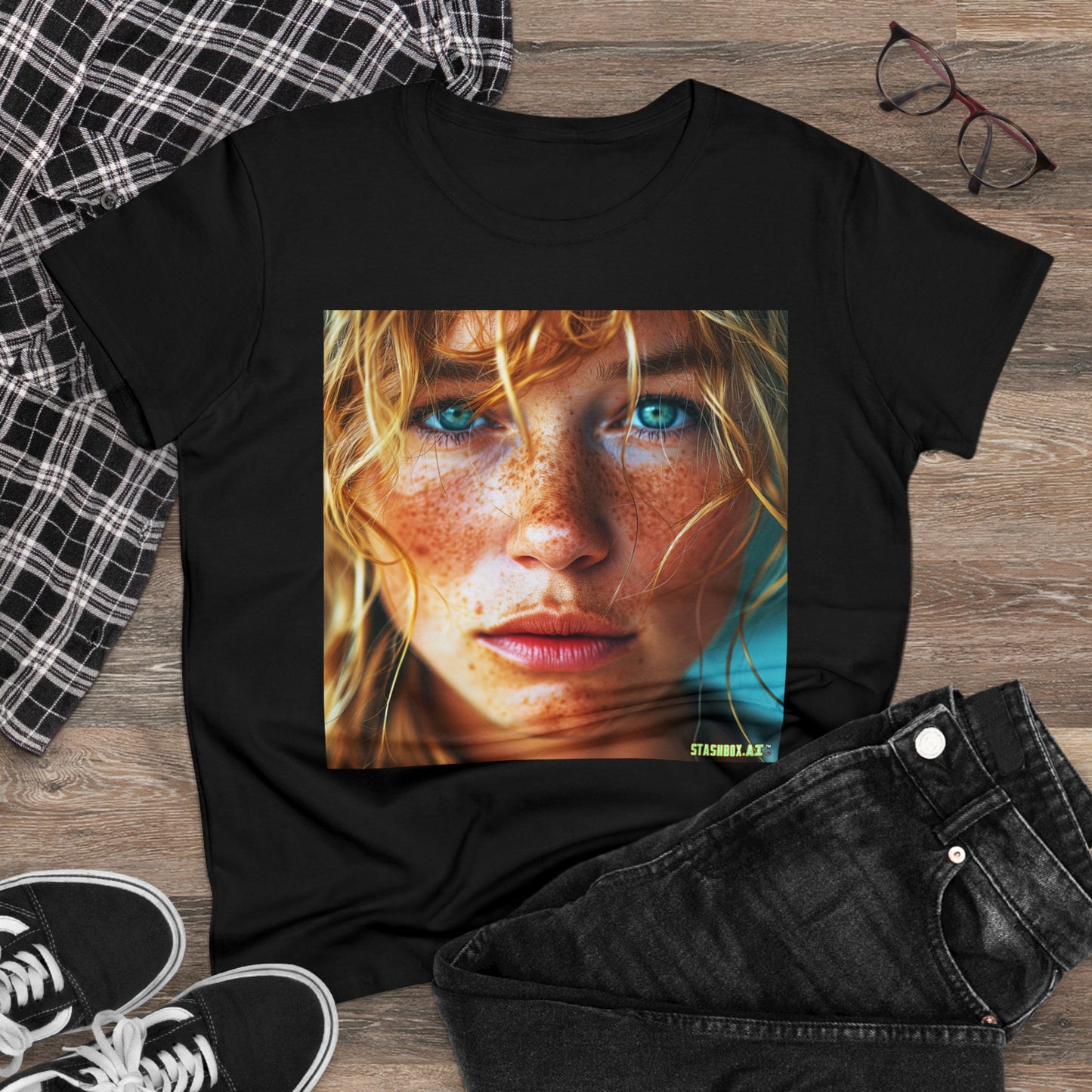 Women's Midweight Cotton Tshirt Redhead Model Beautiful Face Close Up 021