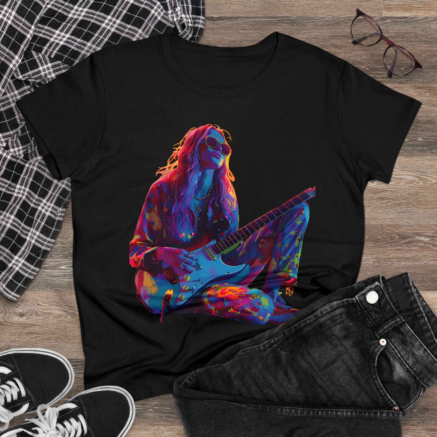 Women's Midweight Cotton Tshirt Colorful Hippy Female Guitarist in the Groove  002