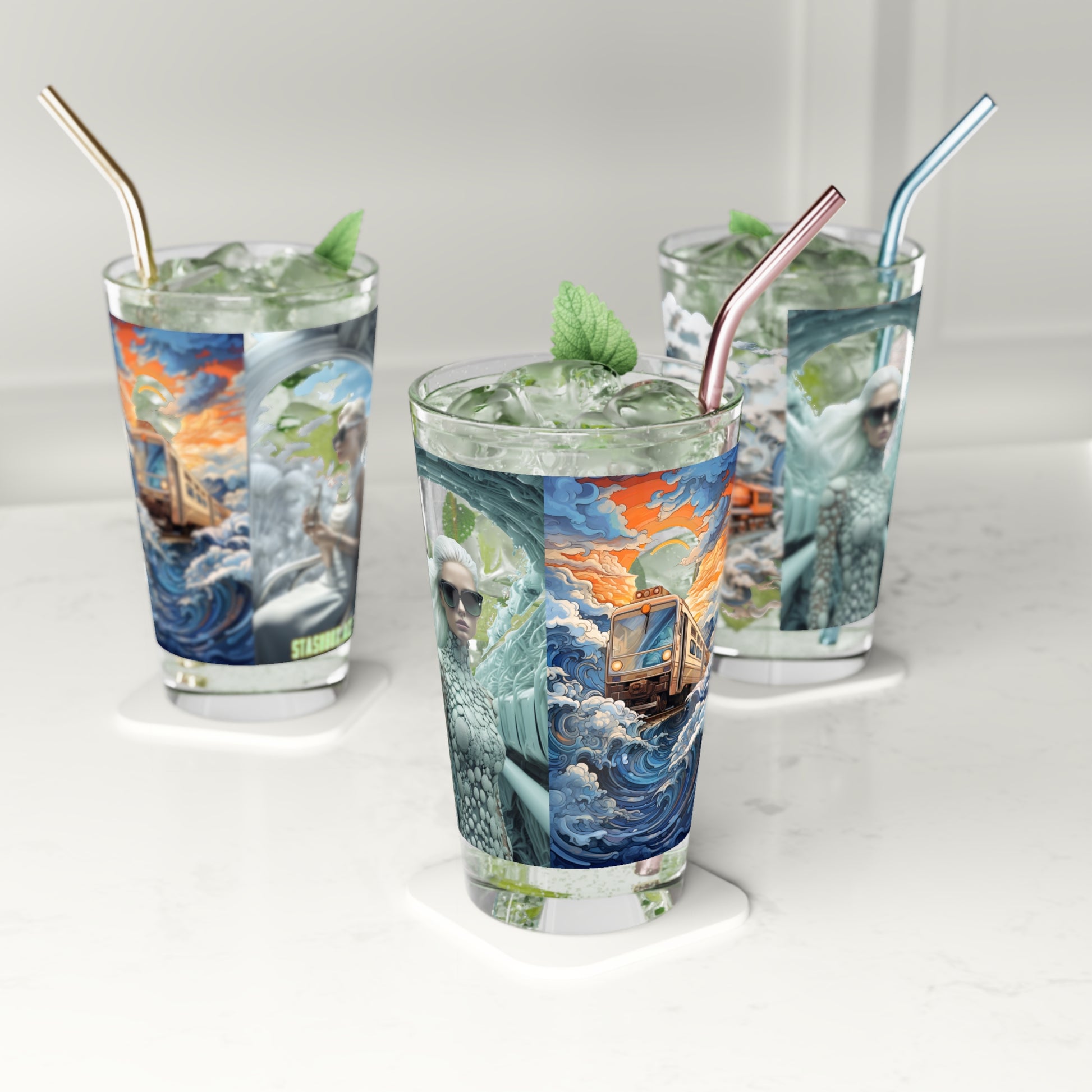 Premium 16oz Glass Featuring Quirky Manga Art and Neo Plasticism