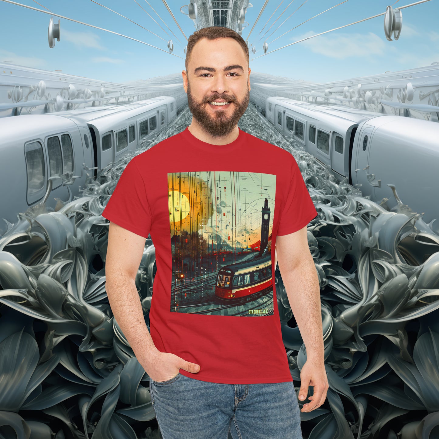 Unisex Heavy Cotton Tee Train Bauhaus Art Style Design 002
