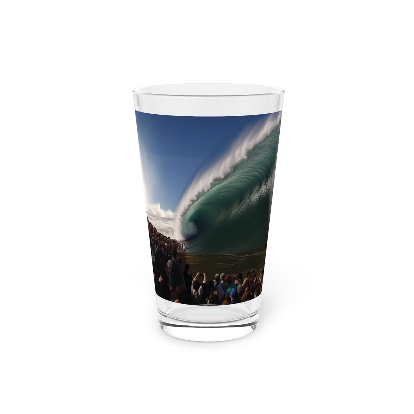 Dive into the excitement of the shore break with our Giant Shore Break Perfect Wave Pint Glass, 16oz. Your drink, your wave, captured in every sip, exclusively at Stashbox.ai.