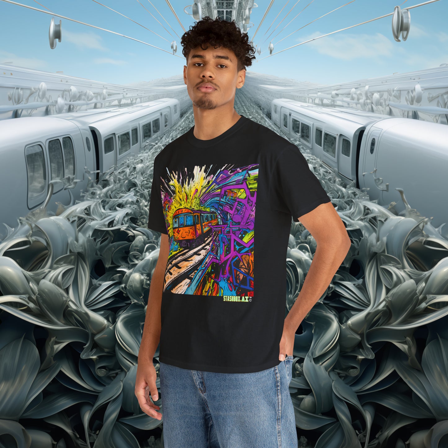 Unisex Heavy Cotton T-Shirt Insane Vibrant Color Train Roaring Down Track 018