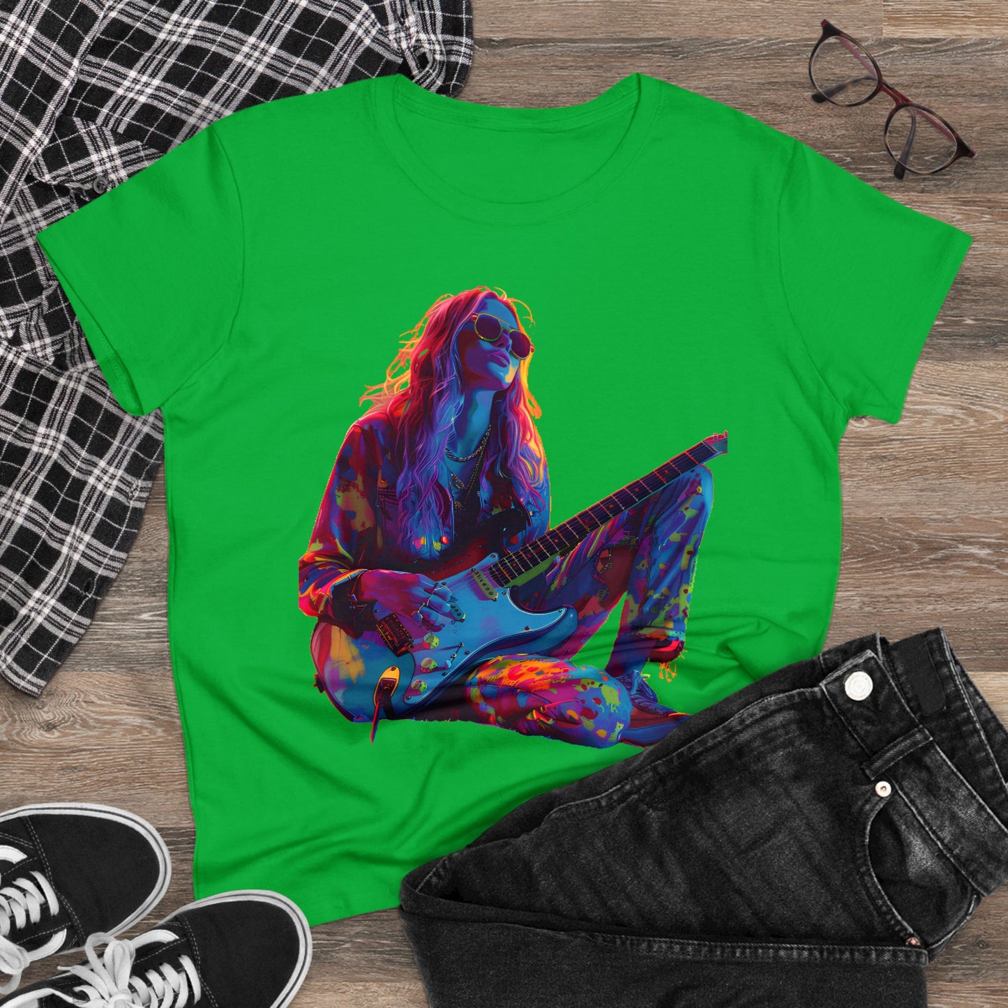 Women's Midweight Cotton Tshirt Colorful Hippy Female Guitarist in the Groove  002