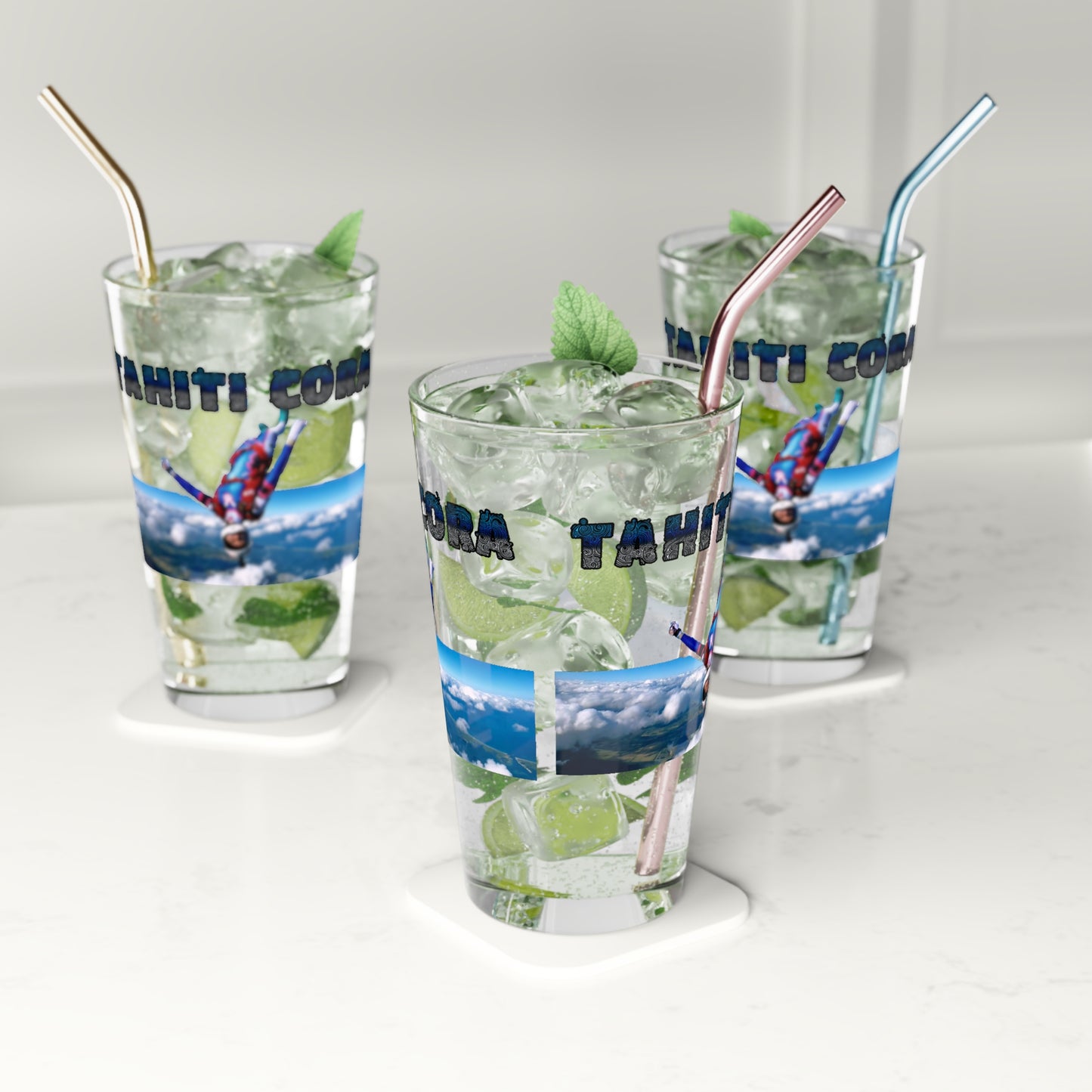 Experience the adrenaline of skydiving captured in our Tahiti Cora Upside Down Skydiving Pint Glass (16oz) - Tahiti Cora #001. This glass, crafted by Stashbox.ai, showcases a daring design, making it a standout addition to your collection. Elevate your drinking experience with this exclusive piece.