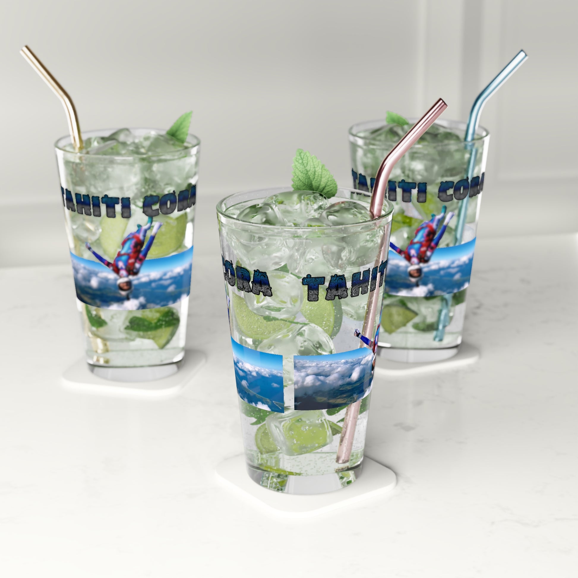 Experience the adrenaline of skydiving captured in our Tahiti Cora Upside Down Skydiving Pint Glass (16oz) - Tahiti Cora #001. This glass, crafted by Stashbox.ai, showcases a daring design, making it a standout addition to your collection. Elevate your drinking experience with this exclusive piece.