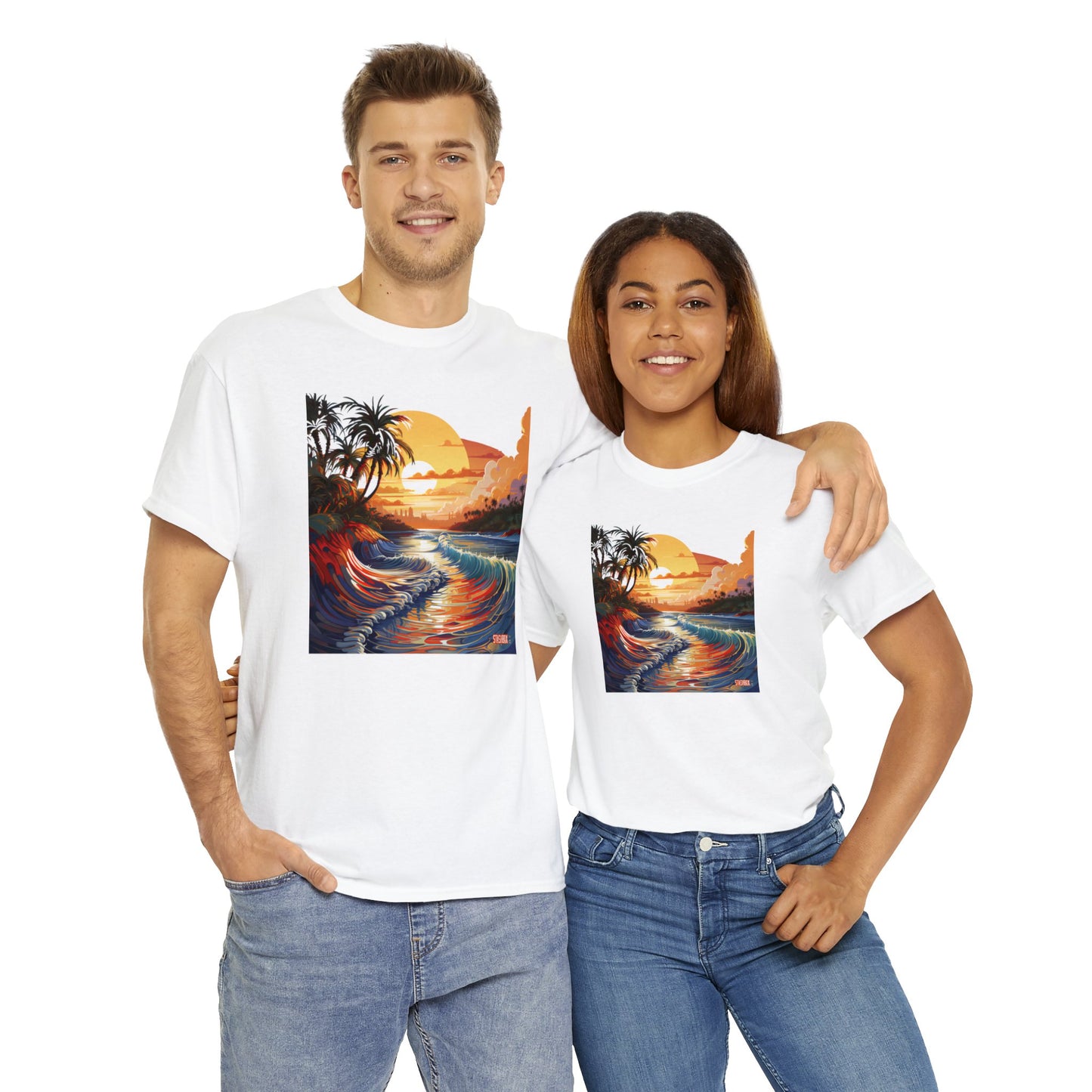 Stunning Sunset Beach Waves Art - Unisex Heavy Cotton Tee - Waves Design #057