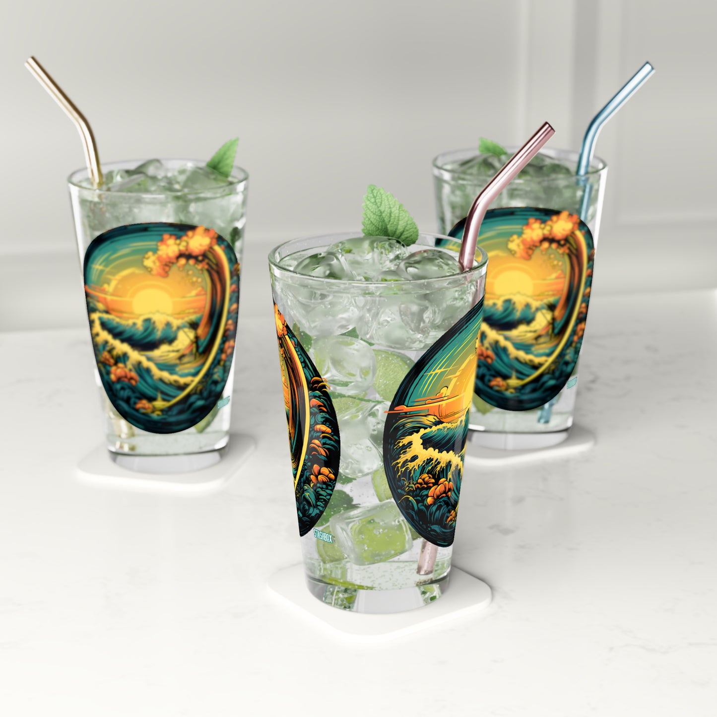Pint Glass 16oz Colorful Sunset Wave Design 041