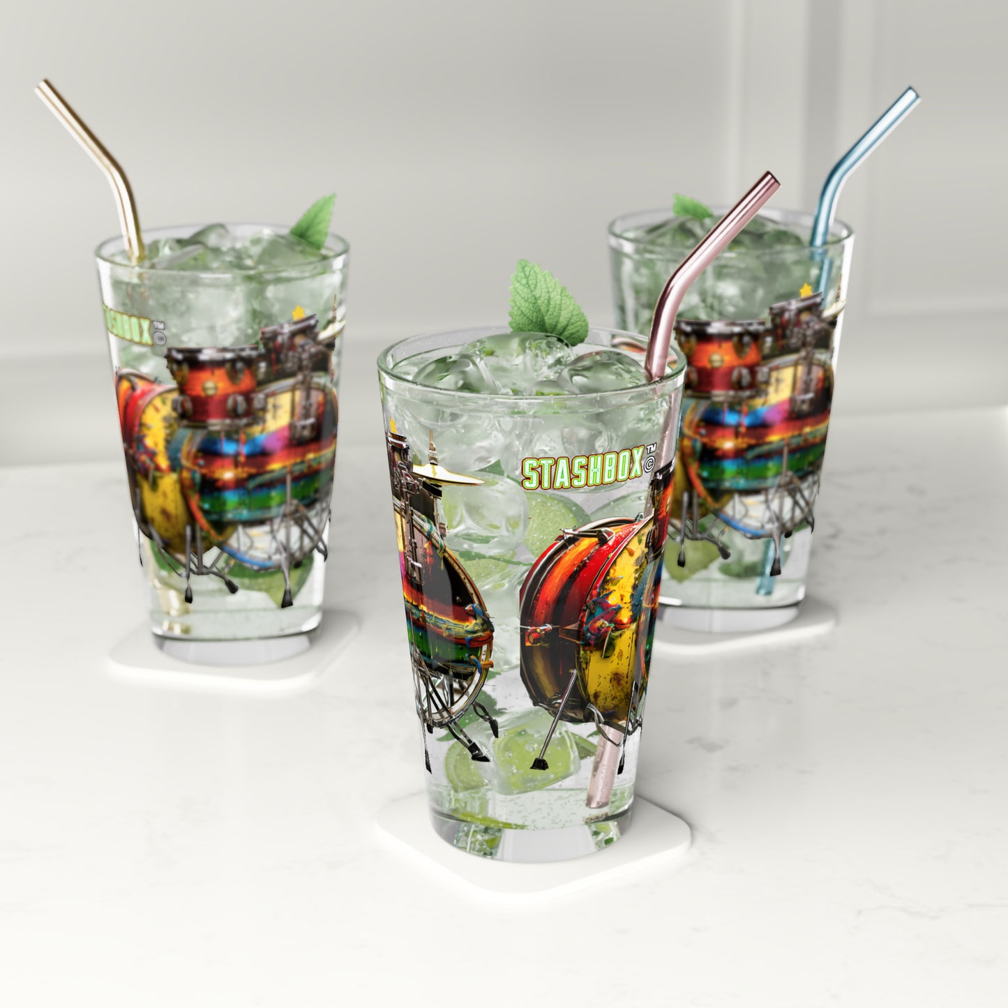 Colorful Paint Drip Art on Drum Kit - Psychedelic Art Pint Glass, 16oz - Music Design #006