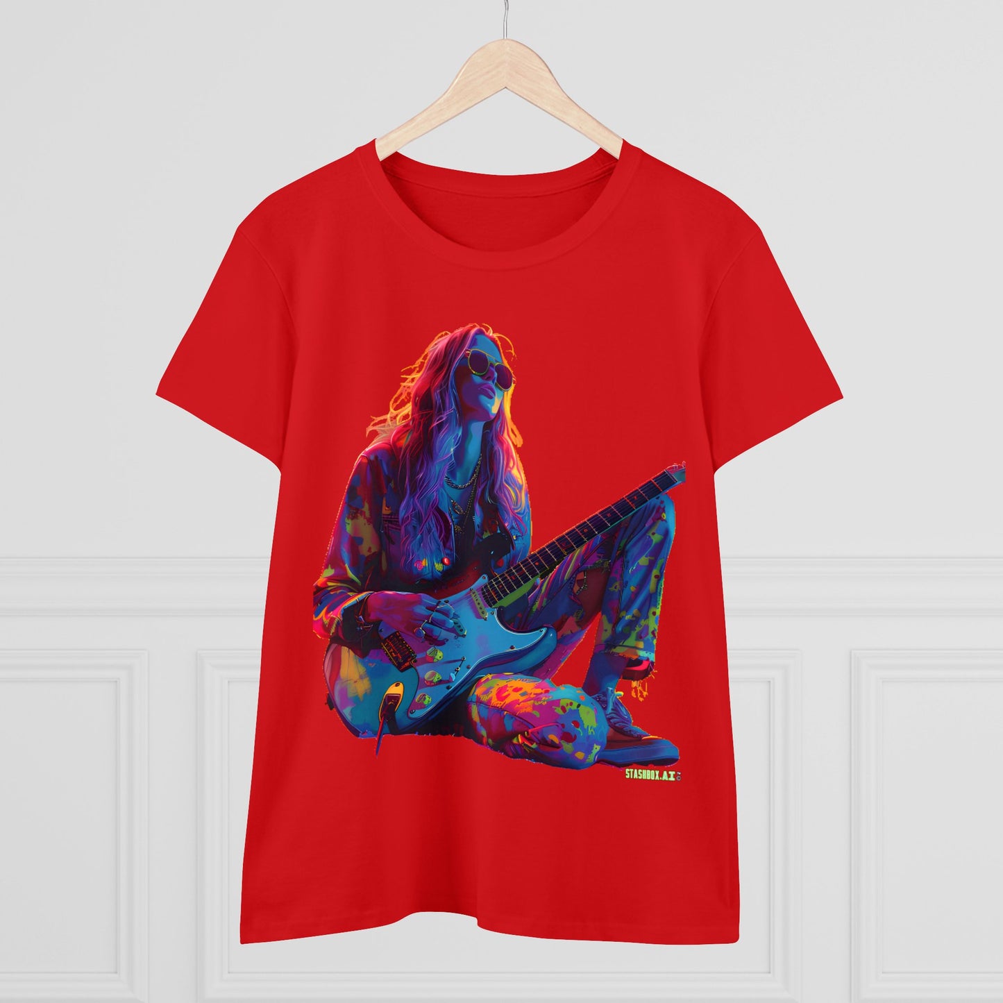 Women's Midweight Cotton Tshirt Colorful Hippy Female Guitarist in the Groove  002