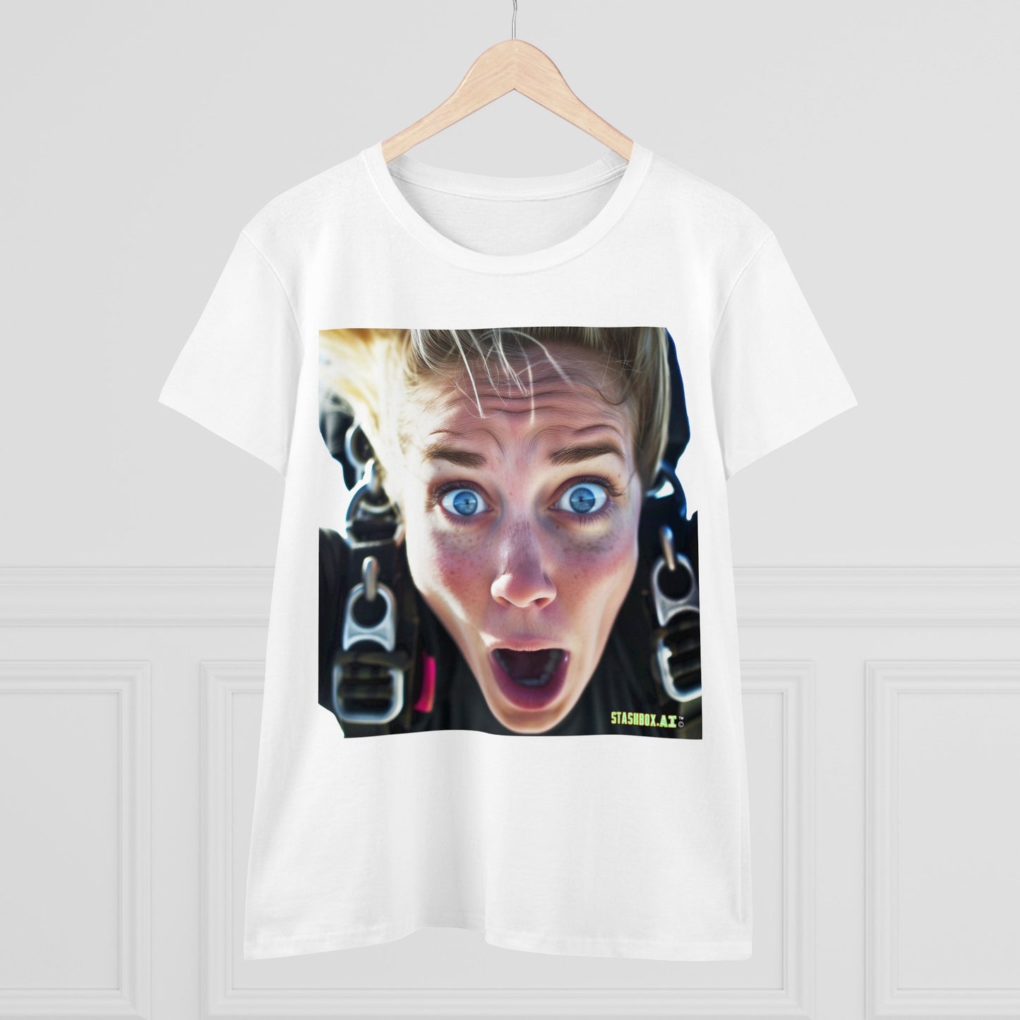 Women's Midweight Cotton Tshirt Terrified Skydiver Close Up 023