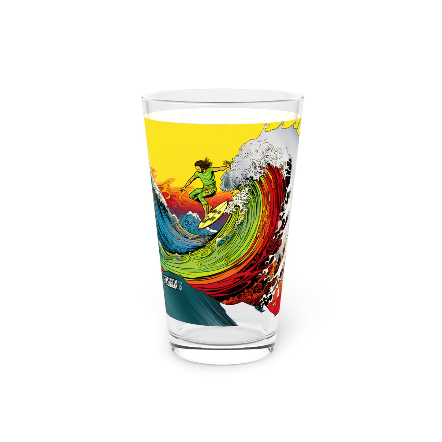 Pint Glass 16oz Mixed-Media Surfer Mid-Air Psychedelic Wave Art 063
