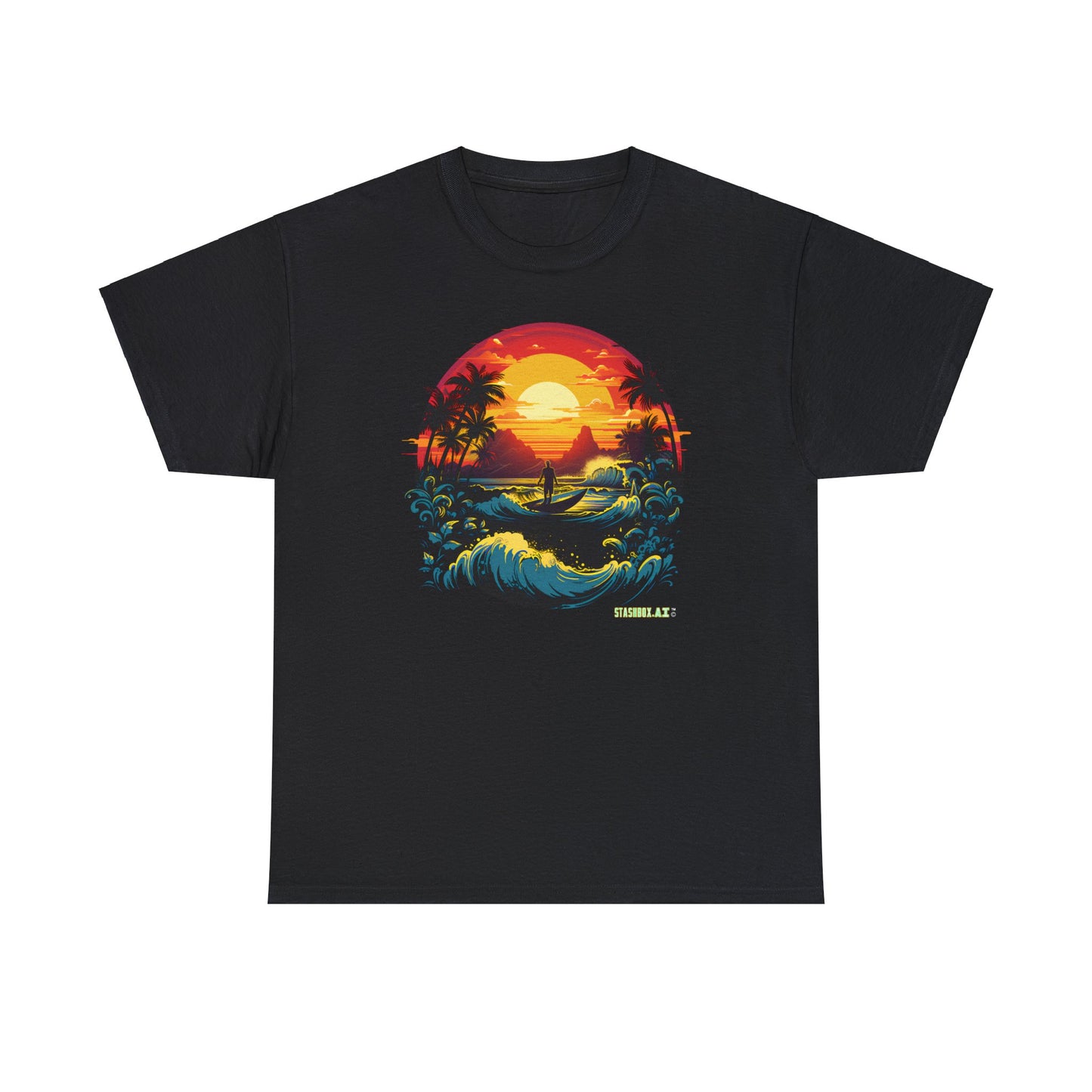 Unisex Heavy Cotton Tshirt Perfect Beach Sunset w/ Waves 036