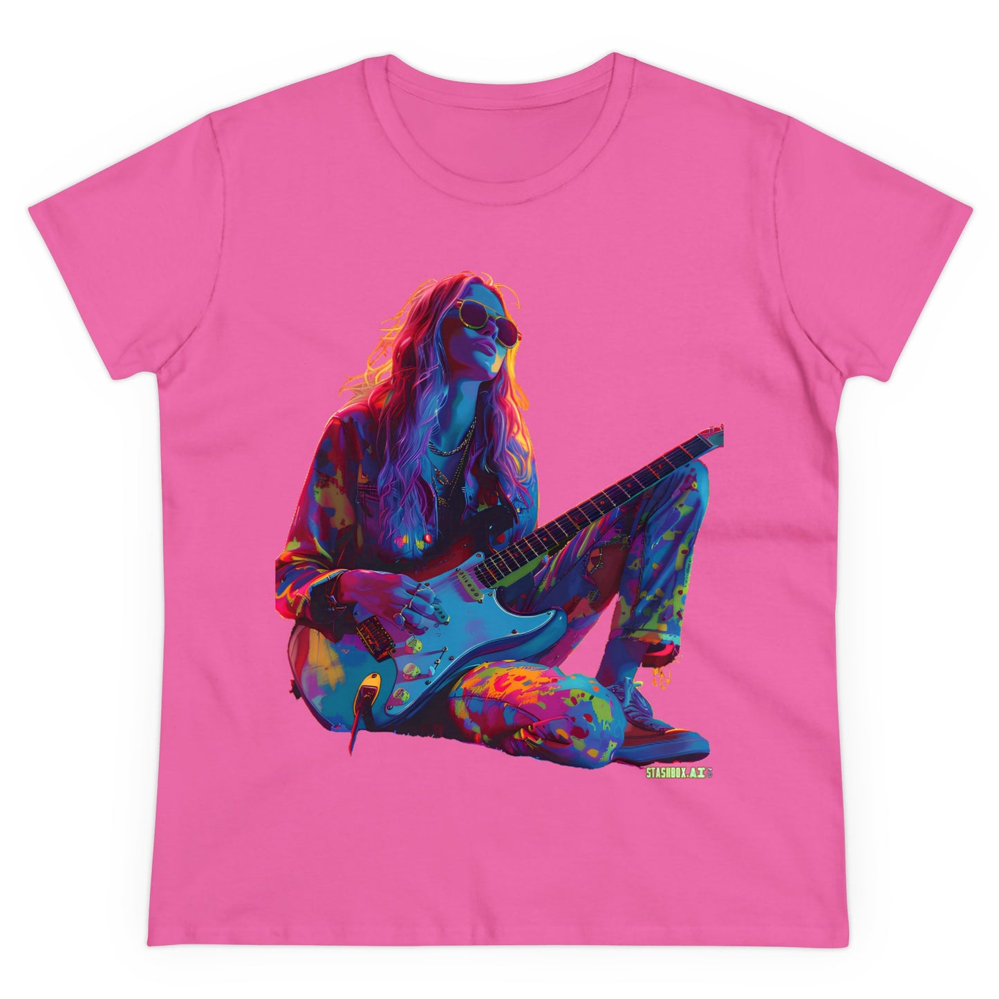 Women's Midweight Cotton Tshirt Colorful Hippy Female Guitarist in the Groove  002