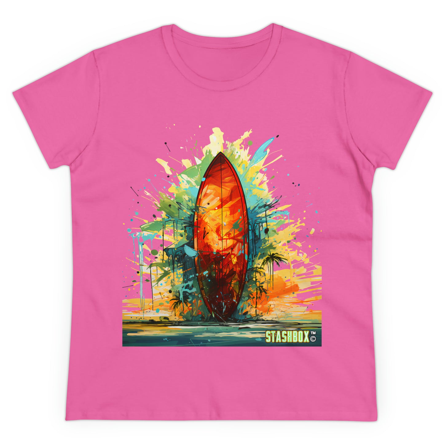 Catch the Wave of Style: Our Women's Midweight Cotton Tee with Surfboard Design #010 brings vibrant paint art to life. Experience the allure of bold colors and beach vibes. 🏄♀️🎨 #SurfboardFashion #BeachChic #StashboxDesigns