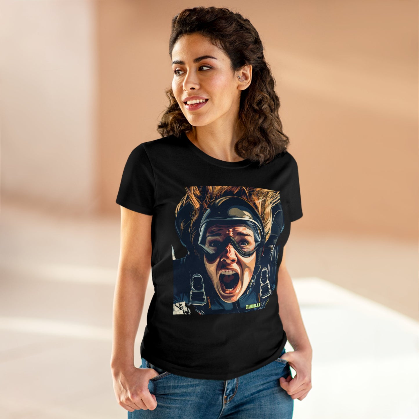 Women's Midweight Cotton Tshirt Terrified Skydiver Close Up 020
