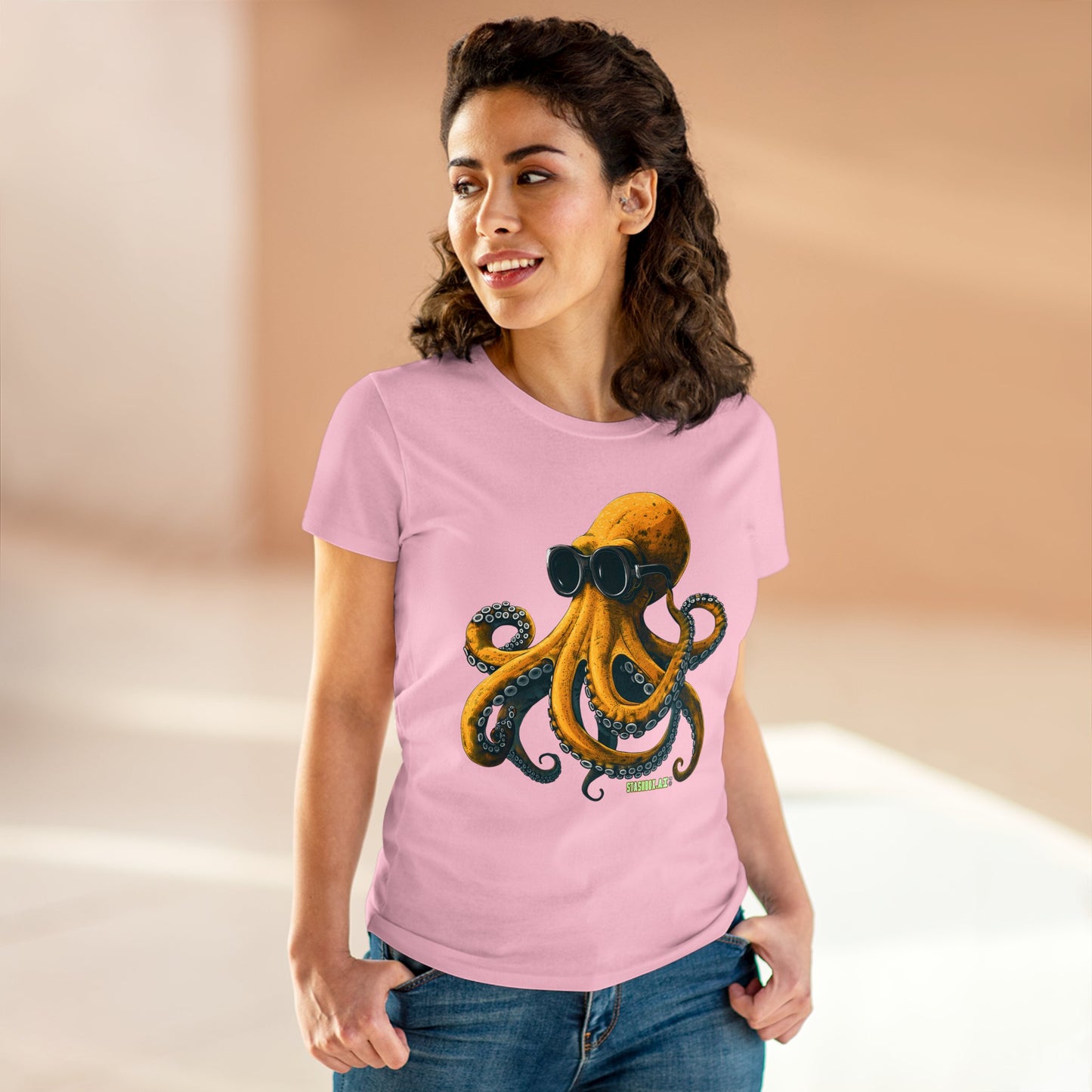 Women's Midweight Cotton Tshirt Yellow Octopus wearing goggles 001
