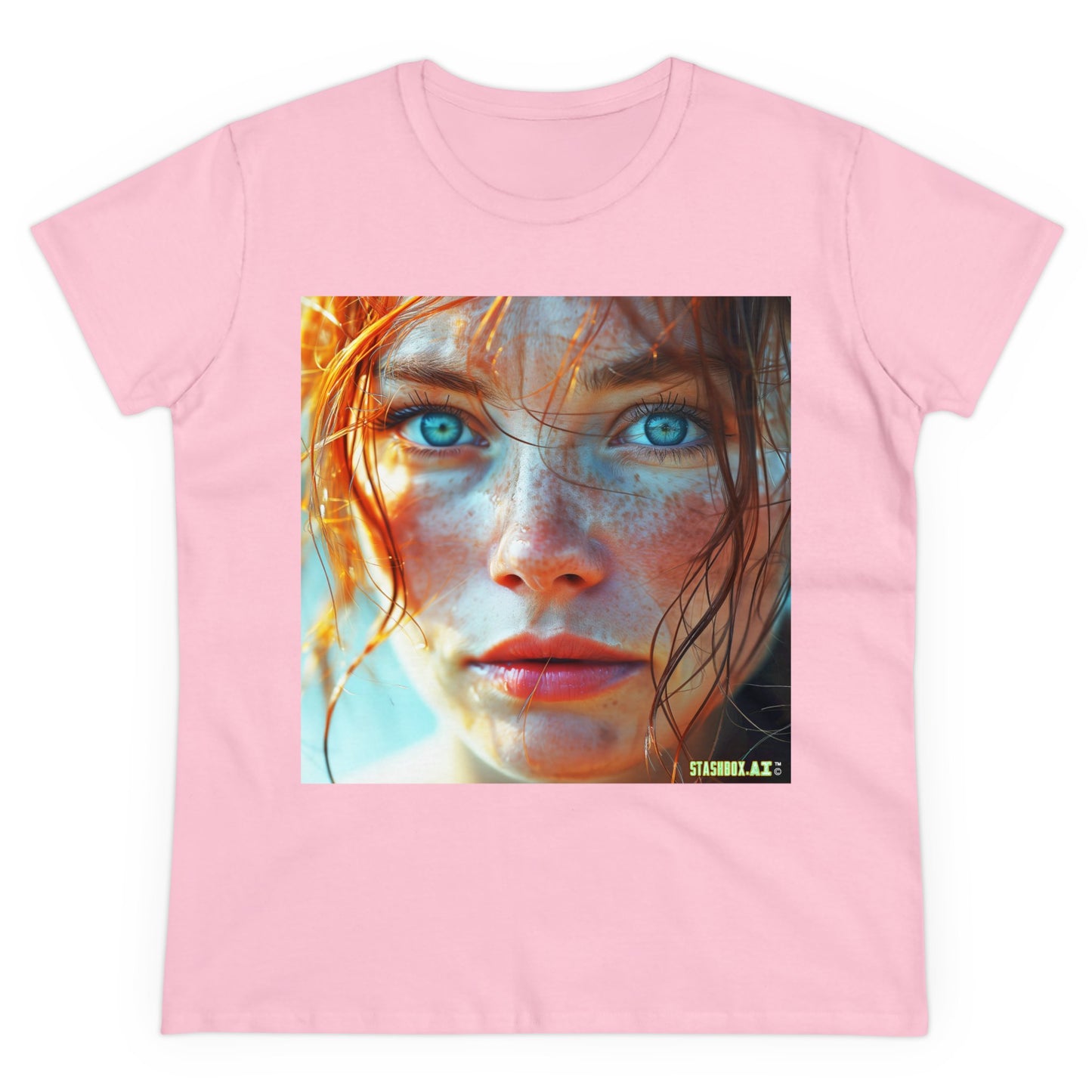 Women's Midweight Cotton Tshirt Redhead Model Beautiful Face Close Up 020