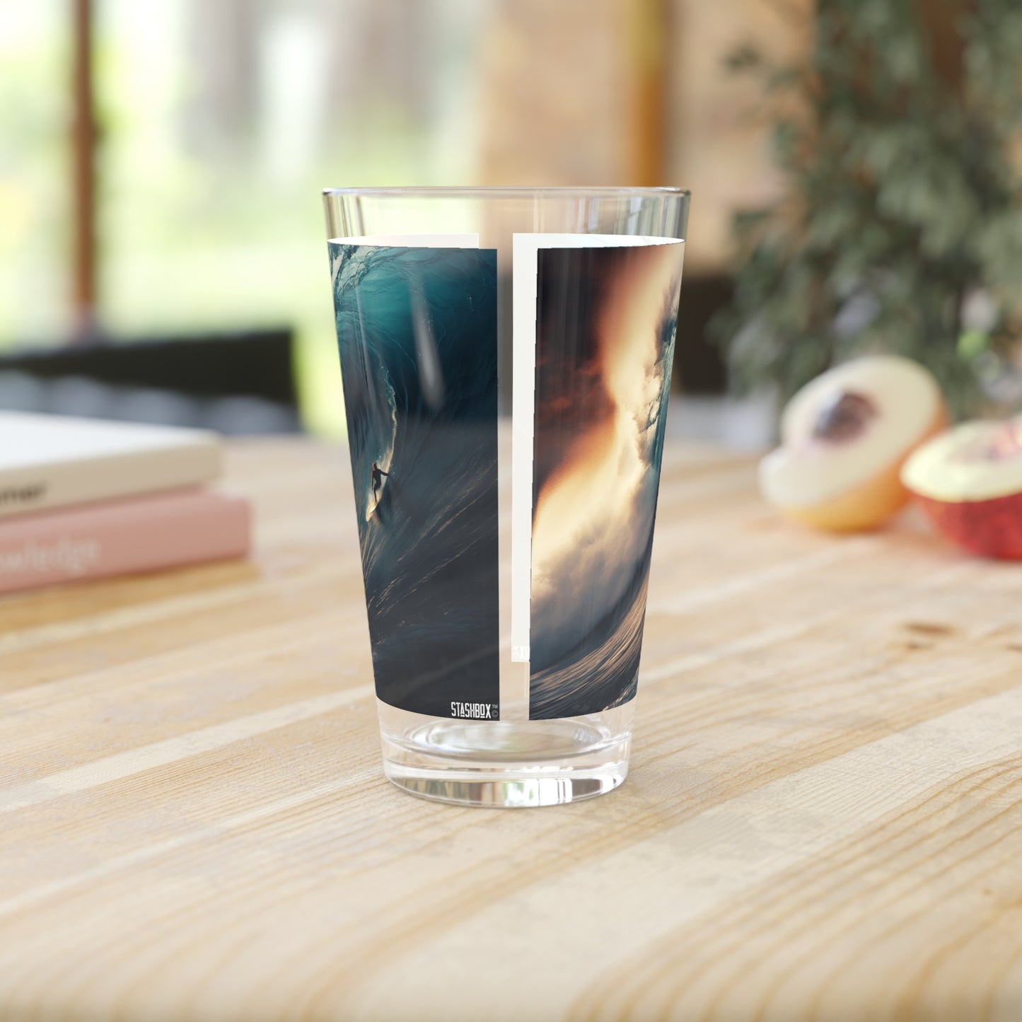 Surfing Huge Wave Pint Glass, 16oz - Waves Design #038: Experience the adrenaline of surfing captured in this artful pint glass. Perfect for wave enthusiasts.