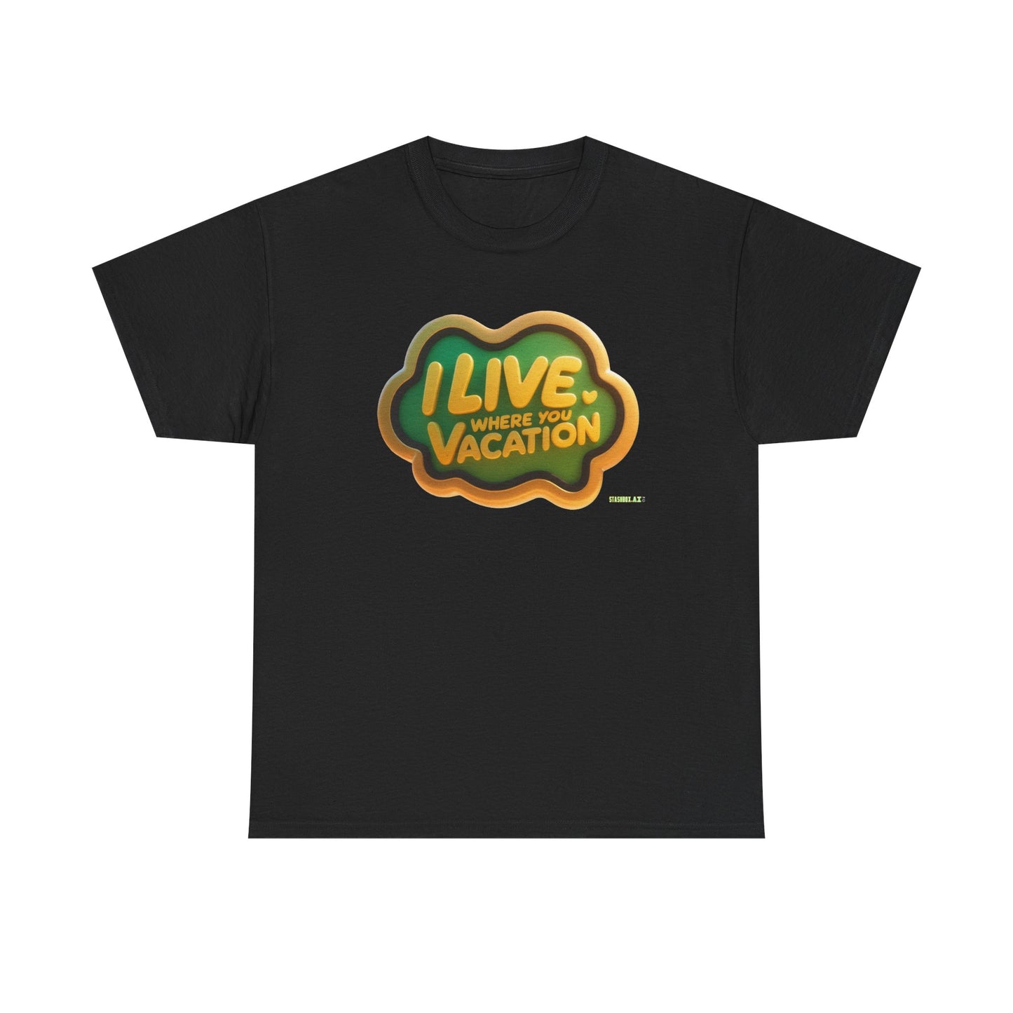 Vacation Vibes Unisex Heavy Cotton Tee - "I Live Where You Vacation" Green & Yellow