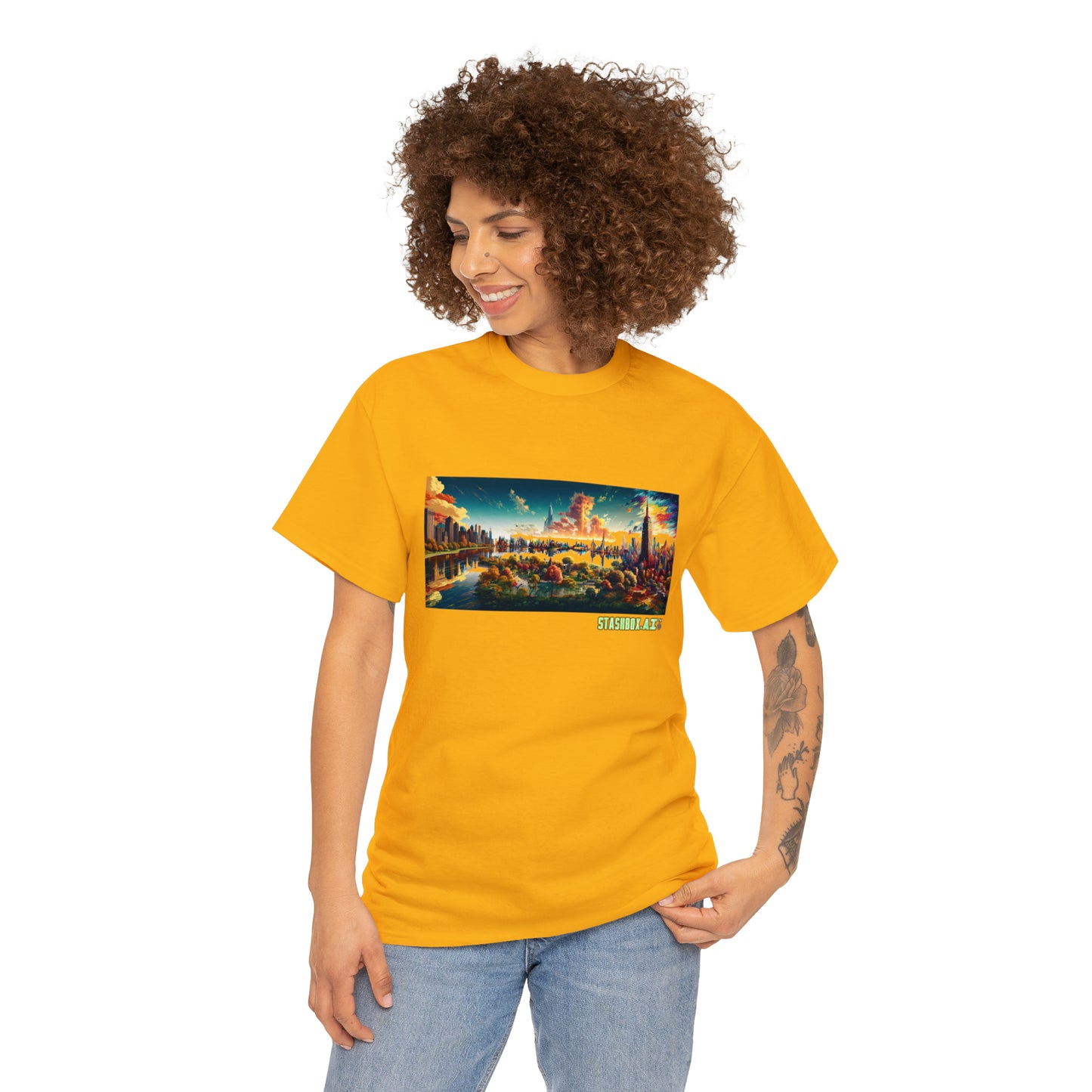 Unisex Heavy Cotton T-Shirt Dreamlike Illustration of a City New York 004