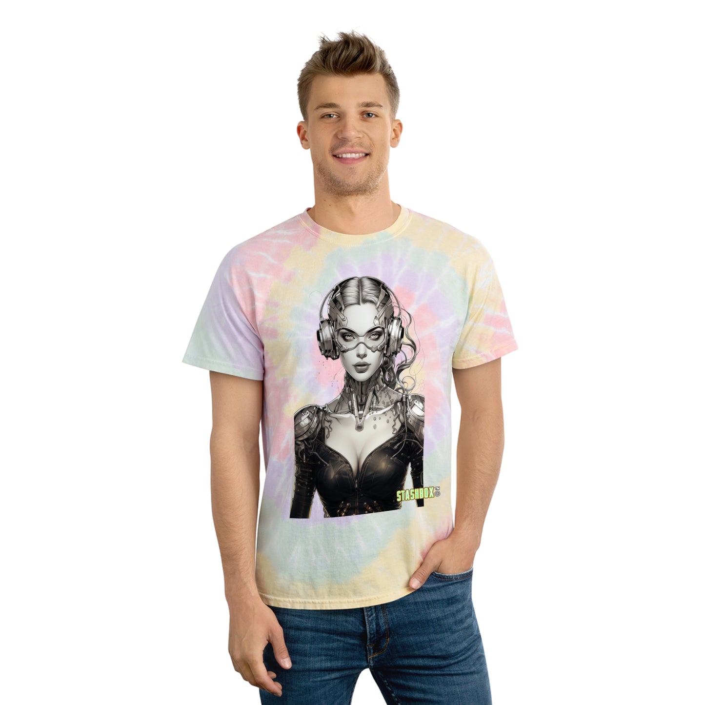 Unleash your inner cosmic explorer with our Epic Spiral Tie-Dye Tee Shirt, starring the Silver Stunner. Stashbox Character Design #001. Style, color, and cosmic vibes, curated by Stashbox.ai.
