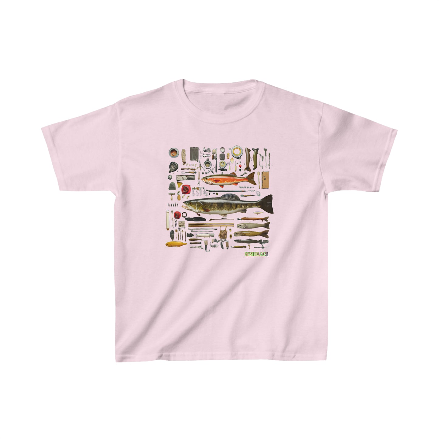 Kids Heavy Cotton™ T-Shirt Fishing Fisherman Knolling Abstract Art 006