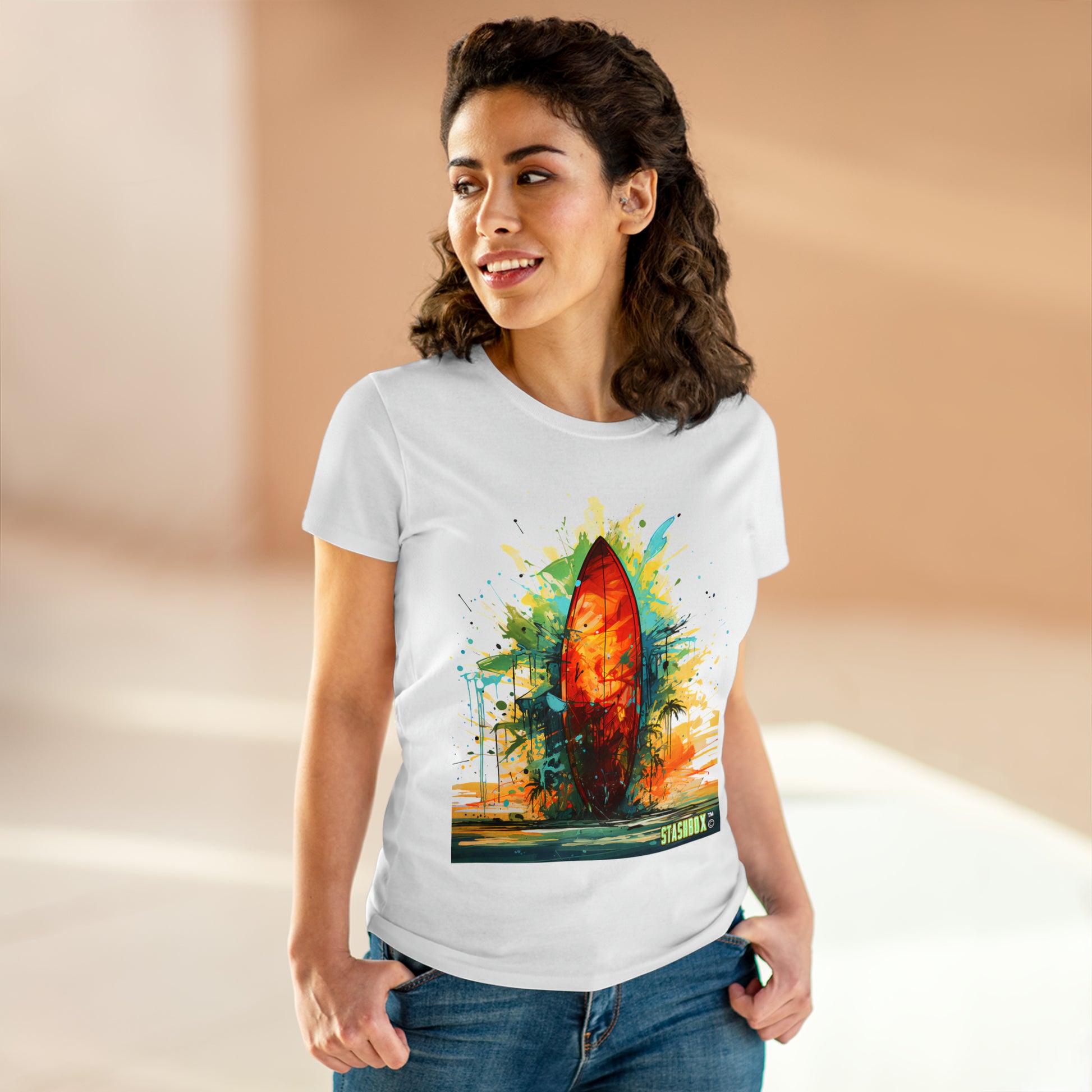 Beachy Hues, Stylish You: Embrace the spirit of the shore with our Women's Midweight Cotton Tee - Surfboard Design #010. Featuring vibrant paint art, this tee captures the essence of beachy bliss and artistic expression. 🎨🏖️ #BeachVibes #StashboxStyle #SurfboardCharm