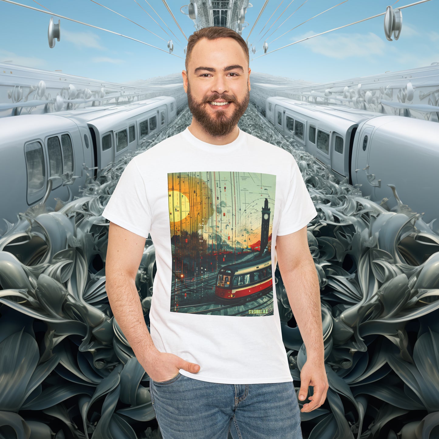 Unisex Heavy Cotton Tee Train Bauhaus Art Style Design 002