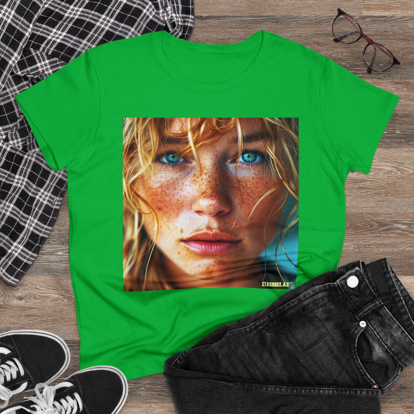 Women's Midweight Cotton Tshirt Redhead Model Beautiful Face Close Up 021