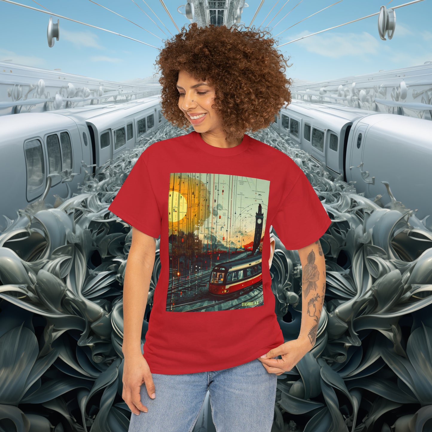 Unisex Heavy Cotton Tee Train Bauhaus Art Style Design 002