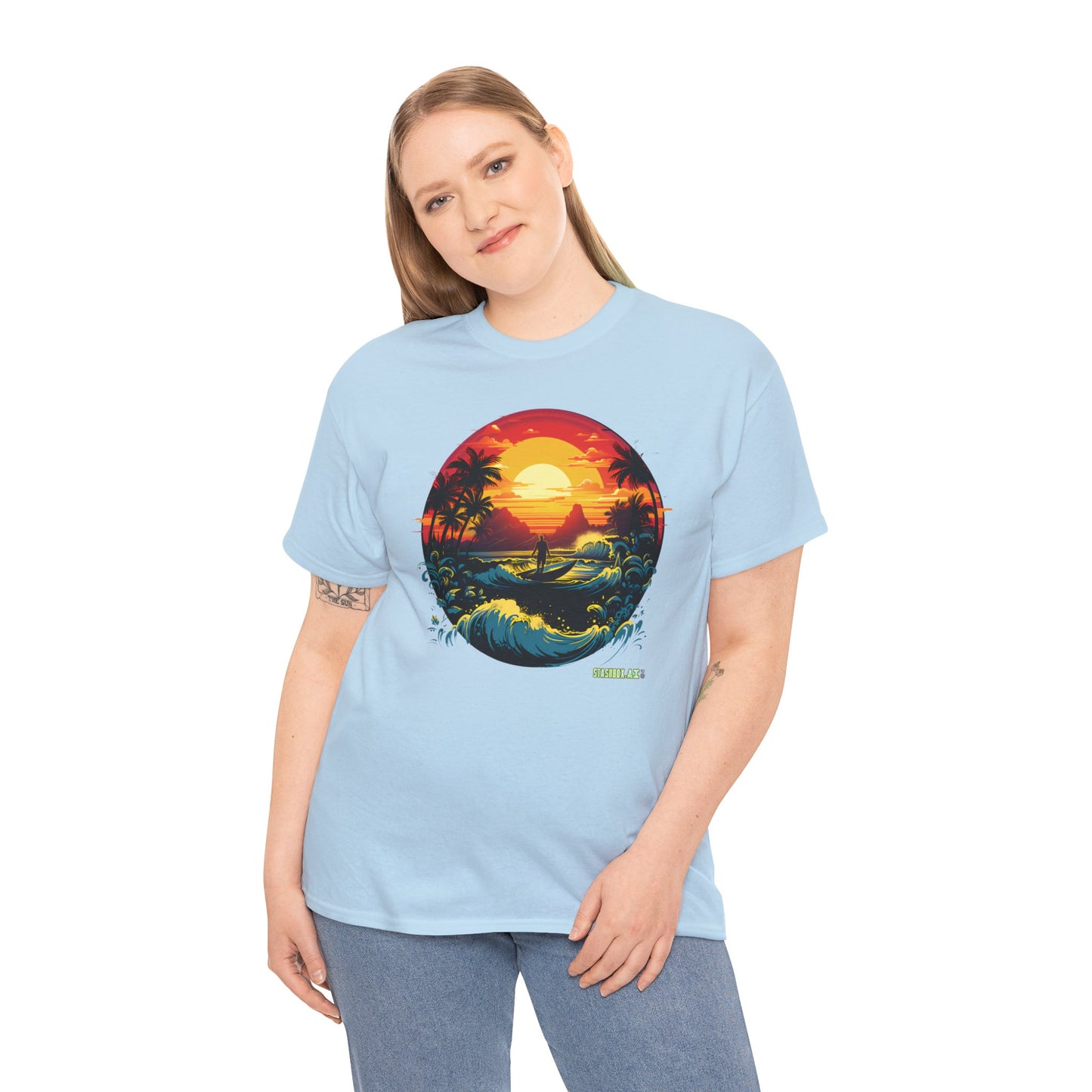 Unisex Heavy Cotton Tshirt Perfect Beach Sunset w/ Waves 036