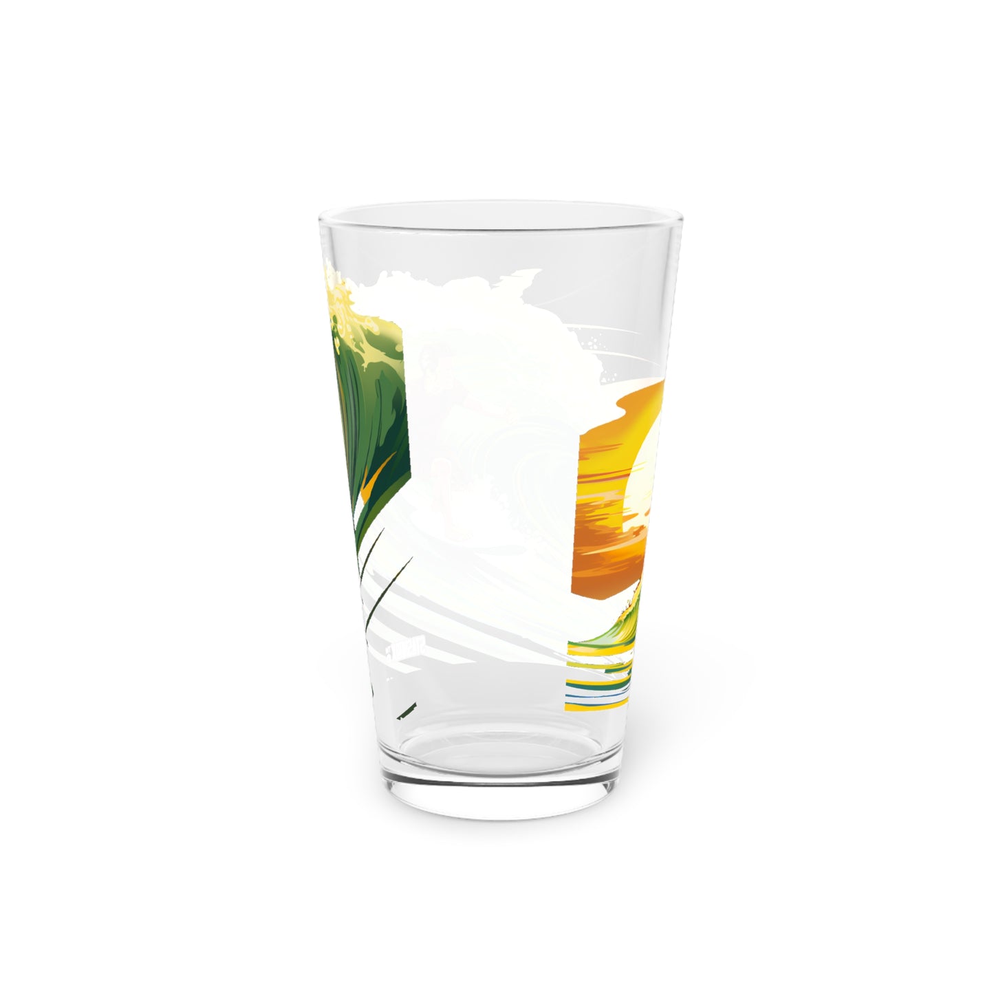 Pint Glass 16oz Surfing Hawaii Wave Art Green Yellow Red Waves 052