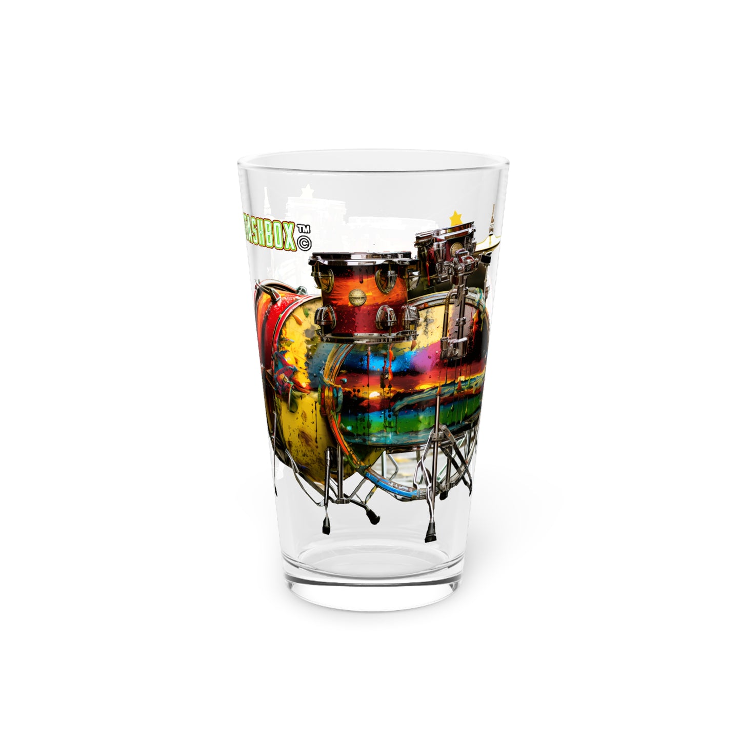 Colorful Paint Drip Art on Drum Kit - Psychedelic Art Pint Glass, 16oz - Music Design #006