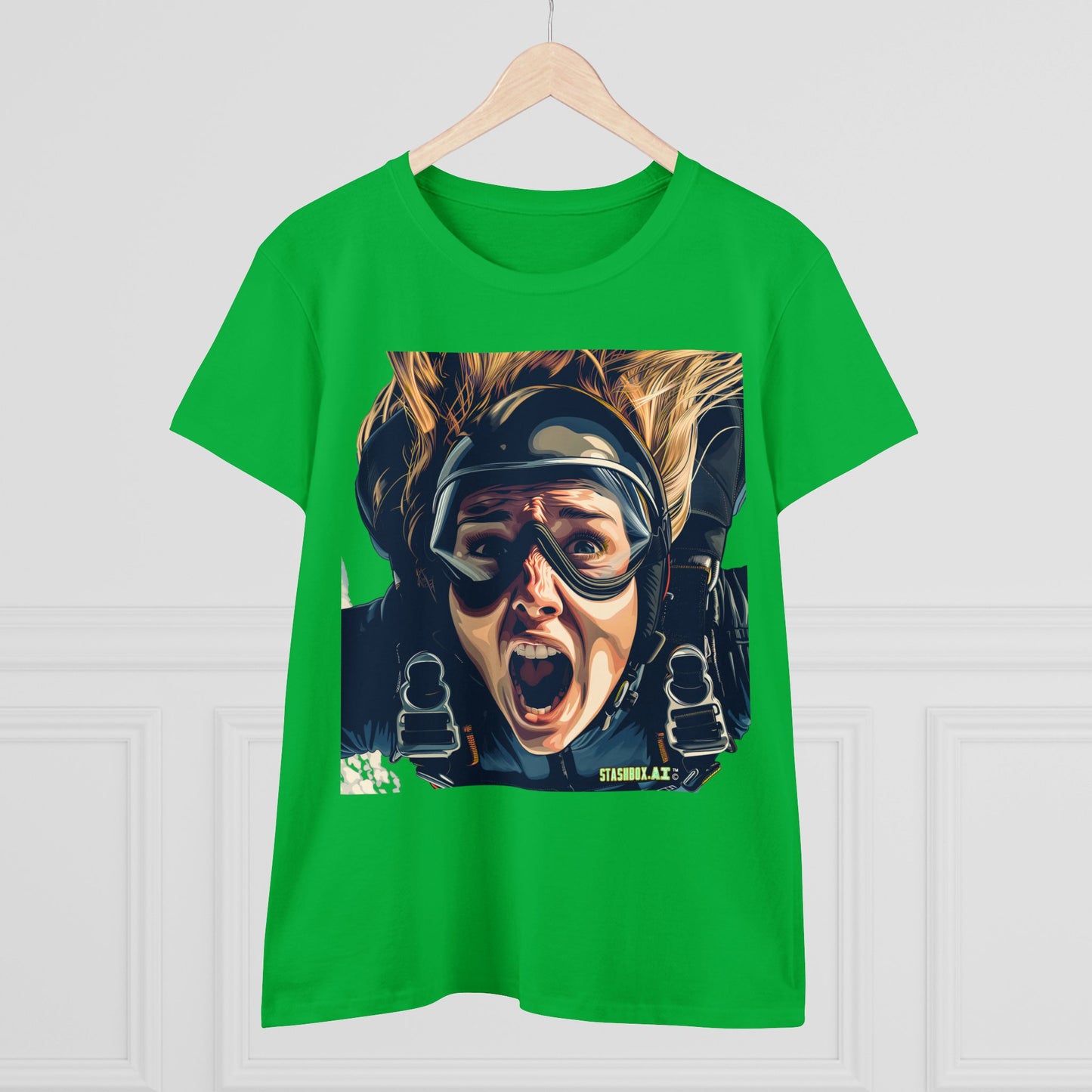 Women's Midweight Cotton Tshirt Terrified Skydiver Close Up 020