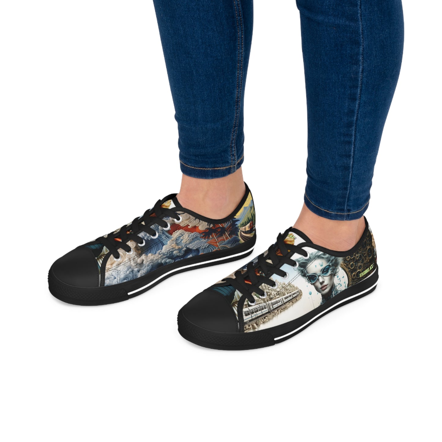 STASHBOX.AI Stylish Women and Trains - Women's Low Top 009 Shoes featuring original music artwork
