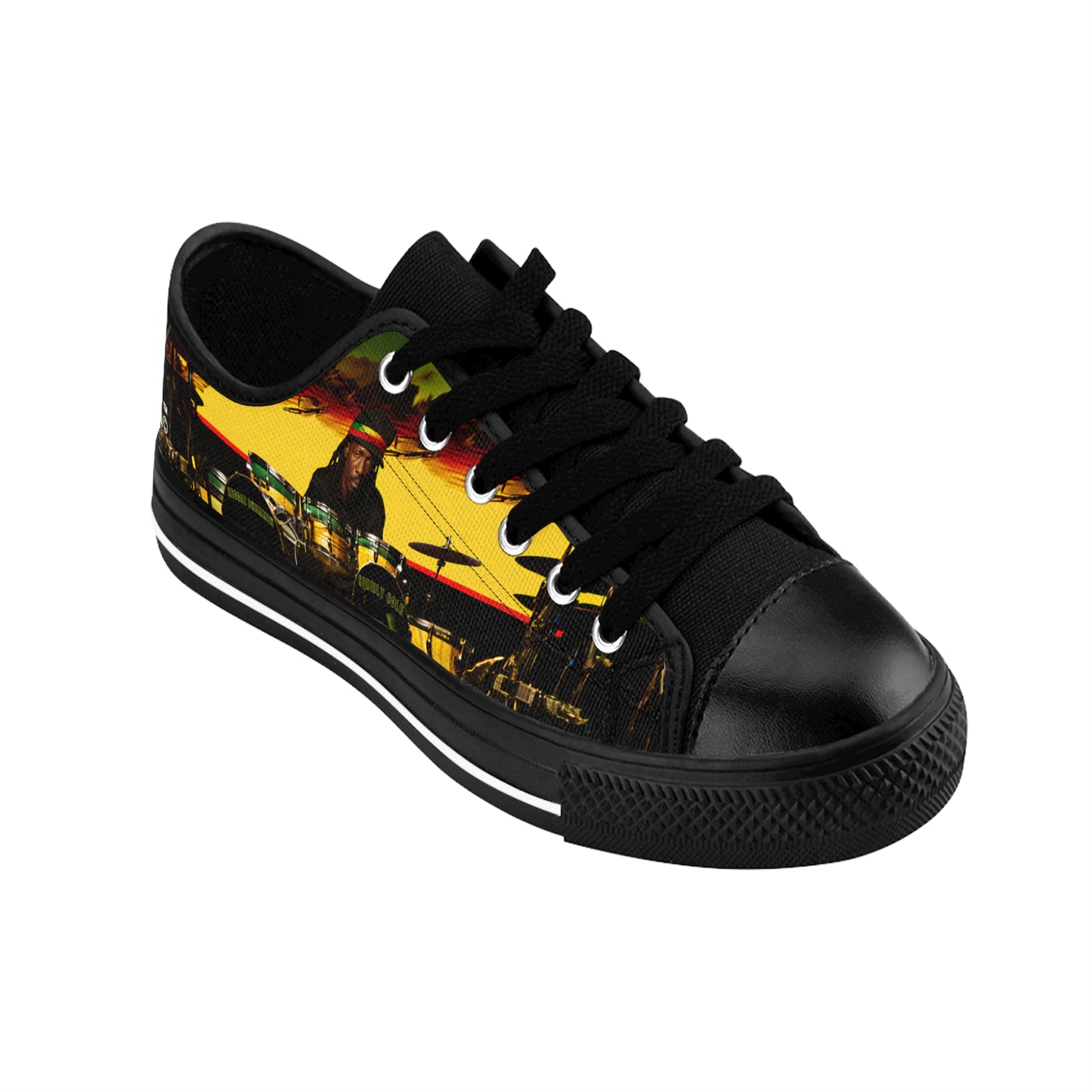 STASHBOX.AI Black Shoes Official Squidly Cole Reggae Drummer Shoes with original reggae and music artwork